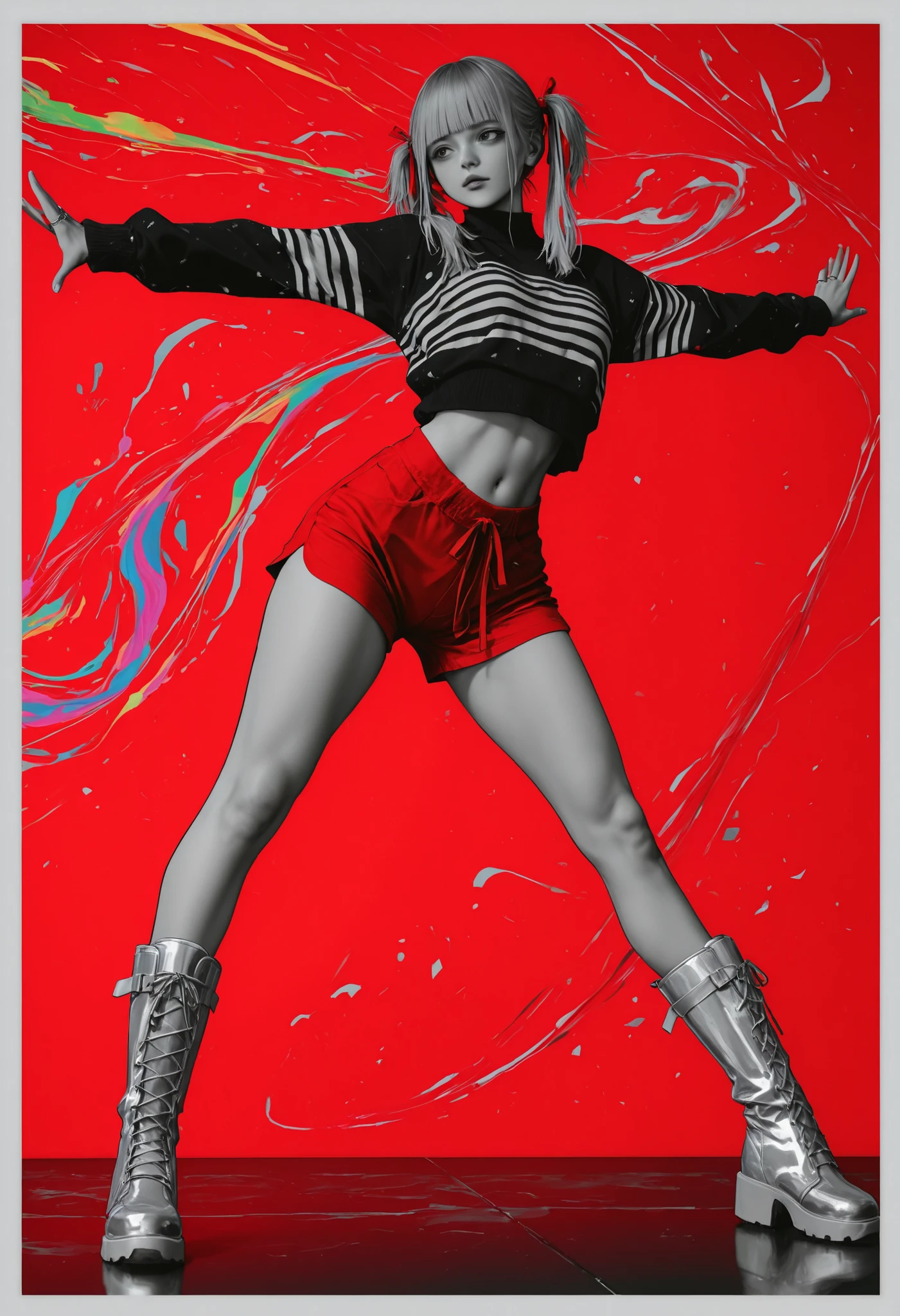 masterpiece,the best quality,newest,nonsense,Highres,1 pop girl,dynamic dance with twist,dynamic pose,white bear hair boots,polar boots,red shorts,navel,dark blue sweater with white stripes,(hairstyle with 2 pigtails),blond hair,bangs,rings,red ribbon on white boots,fondo borroso,motion blur,flowing hair,URBAN DANCE,Choreography , silver border that stands out against the background, grayscale, silver metallic border on the background, disordered line art, limited palette, red background, colorful, Vivo, Brilliant contours, neon, black light