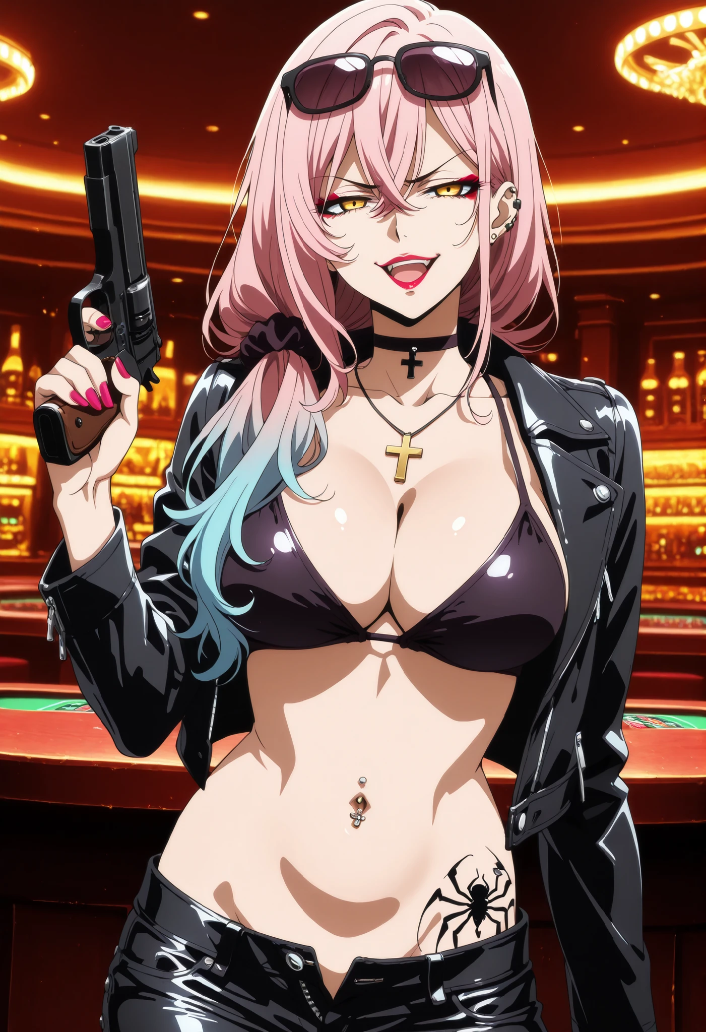 1girl, solo , source_anime, doctor, long hair, bangs, hair between eyes, yellow eyes, pink hair, makeup, lipstick, multicolored hair, gradient hair, scrunchie, blue hair,,nail polish, ear piercing, long hair, , lipstick, Hot girl, baddie,, sensual, attractive ,choker , cross necklace,  bar background, inside bar ,indoors, , casino,masterpiece, best quality, highly detailed, a girls with a gun, evil smile , open mouth, sexy gaze, badass pose , evil smile, smile, (nsfw) not safe for work, guns blazing, anime girl with long hair, beautiful long haired girl, navel, evil expression, exposed belly, exposed navel, exposed midriff, exposed lower belly, long black pants, cleavage, unbuttoned leather pants ,open fly, low rise black leather pants, leather jacket, holding a gun, holding pistol ,unbuttoned shirt, collared shirt, knot, pull_down leather pants,(show off panties,:1.2, no panties), pull_down long black pants, pull_down black leather pants, zip up leather jacket,bikini top, navel piercing, cross-laced slit,, shoulder holster,, navel piercing, sunglasses on head , medium large breast ,looking at viewer , spider tattoo on waist, narrowed eyes, tattoo on waist, anipai_style , anime screencap , anime coloring, v-shape eyebrows,
