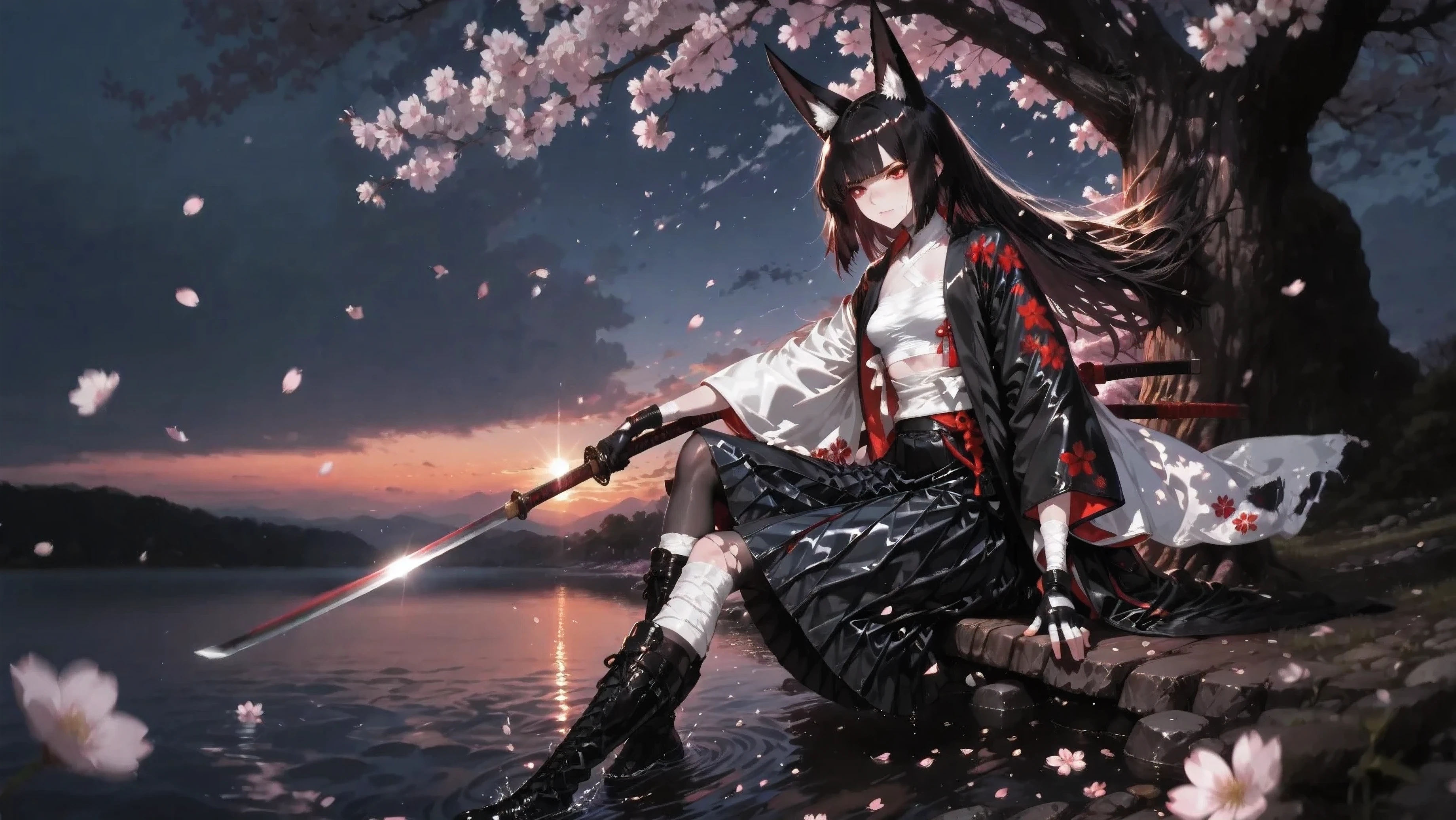 ( kitsune_ears:1.3), red_eye, long_black_ hair, rude_bangs, white_sarashi _summit, Japanese_ open _ Clothes, black_pleated_mine_skirt, bandaged_hand, black_glove, bandaged_leg, black_pantyhose, black_boots_shoes, (detailed_eyes:1.2), (stubble expressive_eyes:1.1), (eye_highlight:1.2) (smooth_skin:1.1), (shiny_skin:1.1) , (большие ears сверху головы как у лисы:1.2),
leans towards the water, ( Natural _expression:1.1) , mid-air slash, flowing coat and tattered sleeve, tattered scarf fluttering (Roman_light:1.4), (Voluminous _light_:1.3), leaned towards the water, Sitting on the lakeside , katana in hand.
(backlight:1.2), (Shine:1.2), (кинематографический light) , (movement_ blur :1.1), (floating_objects :1.1) sitting in front of a dark lake. gloomy,gloomy sky, at sunset . best sunset. A huge sprawling tree nearby, sakura, cherry blossoms are flying into the water. sakura petals in the air.