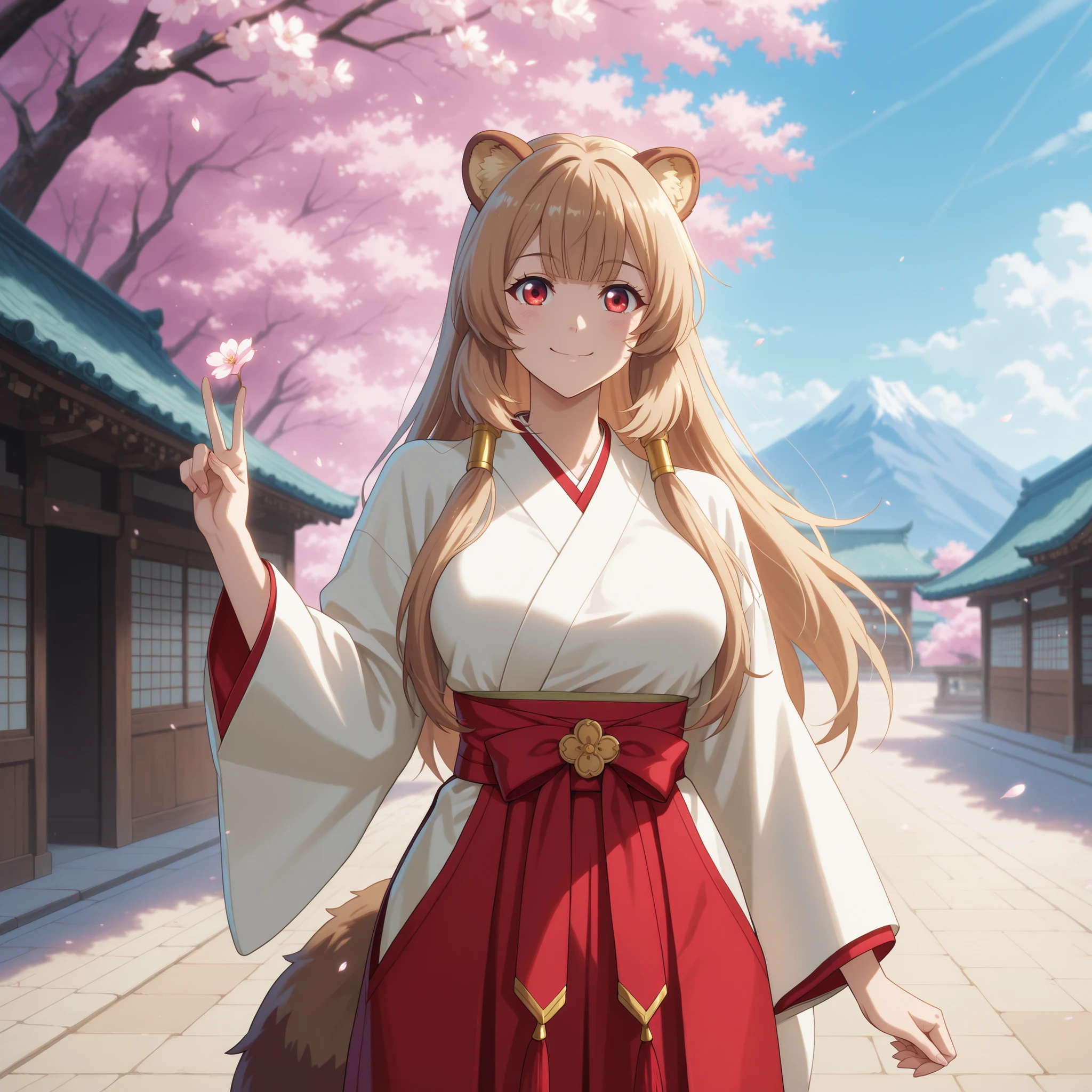 anime screenshot, ultra-detailed masterpiece, best quality, 1girl, solo, bright happy smile, flushed cheeks, glowing detailed skin, straight bangs, extremely long light brown hair, red eyes, raccoon ears, fluffy raccoon tail, hair tubes, curvy body with large breasts. Wearing a white kimono with long flowing sleeves and a red hakama tied with a ribbon at the neck. She stands confidently on a scenic hill, surrounded by blooming cherry blossoms and traditional Eastern-style buildings. Mountains and clear blue skies stretch in the background. She raises her hand in a cheerful V-sign, greeting the viewer. Highly detailed anime art, vibrant lighting, cinematic composition, warm and joyful mood.