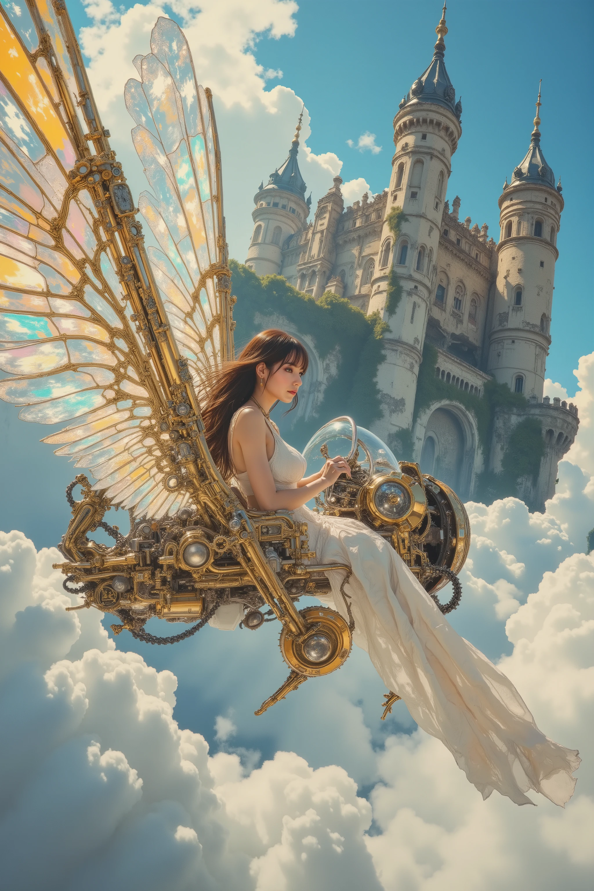 Ultra-realistic yet dreamlike cinematic painting style, inspired by the fantastical world of Inoue Naohisa’s Iblard. In the foreground: a steampunk-inspired futuristic flying machine with translucent mechanical wings, shimmering like stained glass, flapping gently with brass gears and glowing conduits. A beautiful woman pilots the craft, serene and adventurous, her hair flowing in the wind, wearing an elegant outfit blending steampunk leather harnesses with ethereal fabrics. The atmosphere is luminous and surreal, suffused with soft radiant light, pastel skies shifting from opaline blue to golden rose. In the distance: a vast Western-style ruined castle floating above the clouds, weathered stone walls and broken towers covered in ivy, arches crumbling yet majestic, suspended like a forgotten dream. The entire scene is suffused with Iblard-like fantasy: whimsical floating terraces, impossible perspectives, and a sense of timeless wonder. Composition follows the golden ratio, guiding the eye from the woman and flying craft toward the castle ruins. Hyper-detailed textures: shimmering wings, intricate machinery, realistic skin tones, aged stonework, drifting clouds with aerial perspective. Mood: poetic, enchanting, surreal, a vision of steampunk futurism meeting the dreamlike beauty of Iblard’s floating sky kingdom.
