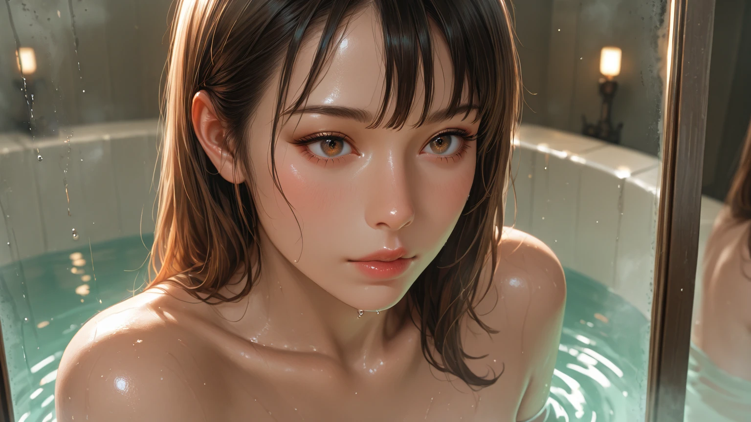 One girl, Beautiful Face, ((White eyes)),  pose, Red moon in the background, performer, space, (Lightroom:1.13), Soft Light, (Natural skin texture:1.2), (Hyperrealism:1.2), Sharp focus, Concentrated,[[Realistic]]Big Breasts、gravure、30th Generation、Brown Hair、Gal、Heavy makeup、nude、topless、Glowing Nightclub、Pool、Sexy、Slosh、Wet body、Sweaty、sweaty、wet body、looking at the camera、