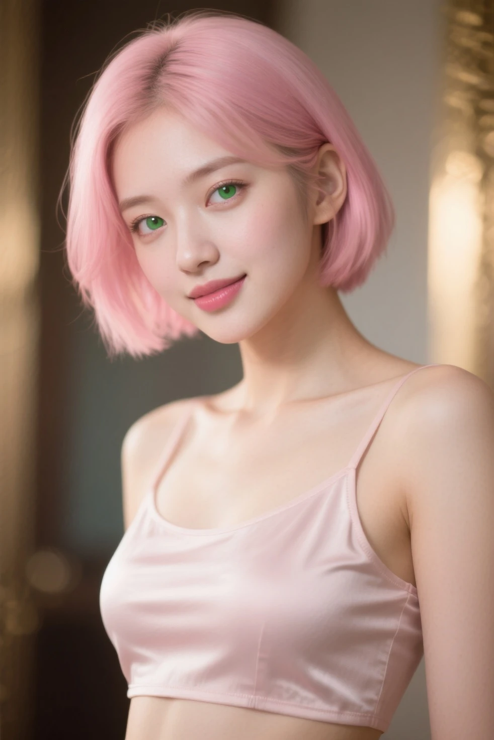 1 girl, Korean model, extremely beautiful, perfect body. Photo taken with Canon EOS R5 85mm f/11 Camera, ((sharp)) mode of people and surrounding scenery. Image quality ((8K)), ((lifelike)), ((masterpiece)), ((sharp and highest contrast)), ((great depth of field)), ((light stereolithography)). ((Pink hair)), long and smooth, the wind blows it beautifully under the bright sunlight. Beautiful face, perfect and sexy, holy, perfectly balanced, ((beautiful in every detail)), ((shiny)), ((high-end cosmetic makeup)), ((shiny bright, radiant)). Bright smile, pure white teeth and details.  glossy red lips, ((brilliant glossy red lipstick)). The eyes are brown, glossy, , ((sharp makeup)), realistic, ((wet eyes)) and detailed. Pink eyeshadow, long eyelashes, blush, high-end cosmetics. Two delicate eyelids, perfectly beautiful and detailed, black eyelashes. Eyebrows are curved, sparse, sharp and detailed. High and detailed nose. Cheeks are prominent and detailed. ((Ivory white, bright white skin)), detailed pores, ((shiny skin)), smooth, rosy, flawless skin texture. Long, shiny legs. Beautiful, perfect hands, ((no flaws)). ((Light shines directly on the face)), bright sunlight, ((shines light on the front part of the girl's body)).
Close-up photo of girl sitting, ((very thin pink shirt)), ((blue shiny leather skirt)), ((red )).