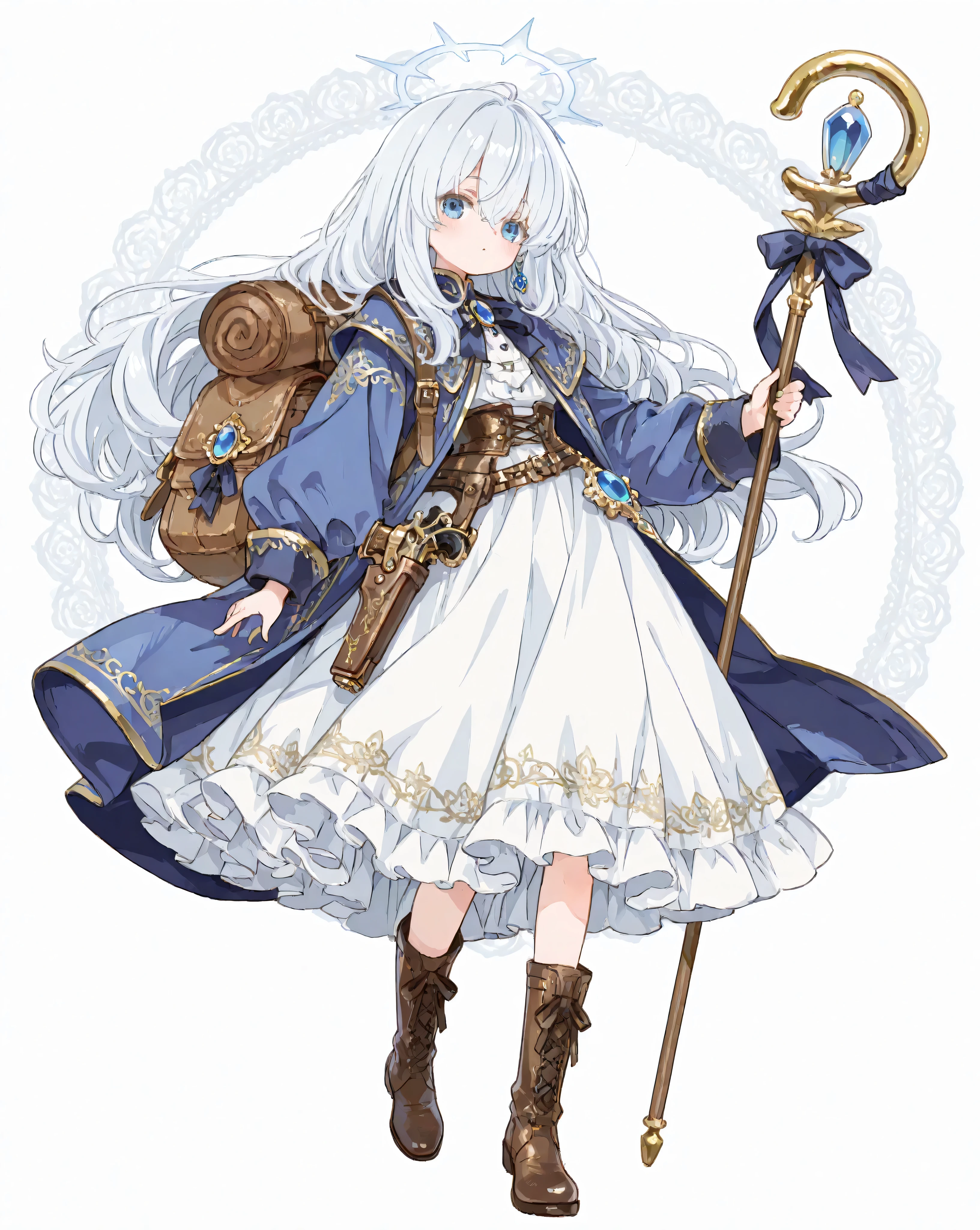 One Petite Girl、silver belly long hair holding a thick ornate book、blue eyes、eyes like jewels、Holding a Shepherd's Staff、Shepherd's Crook、Long White Dress、Blue Coat、gold embroidery、waist holster、Big Handgun、I'm holding a thick, ornate book、Leather Rucksack、Brown Boots、from the front、anime style、Fantasy、Highest Quality、masterpiece、full body、Front Map、pure white plain background