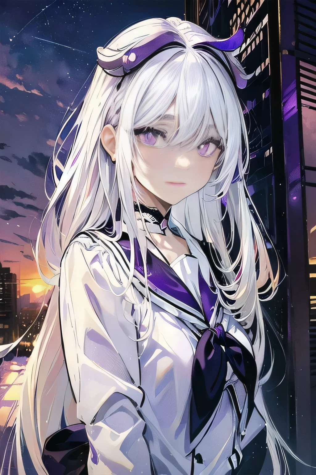 (masterpiece), (best quality), ultra detailed, finely detailed color, cenematic painting, bishoujo, ((one lady)), ager, cute face, ((white hair:1.5)), absurdly long hair, straight hair, ((violet eyes:1.5)), standing, chocker, ((highschool uniform)), light smile, slender body, small chest, urban, cityscape, sunset, rooftop