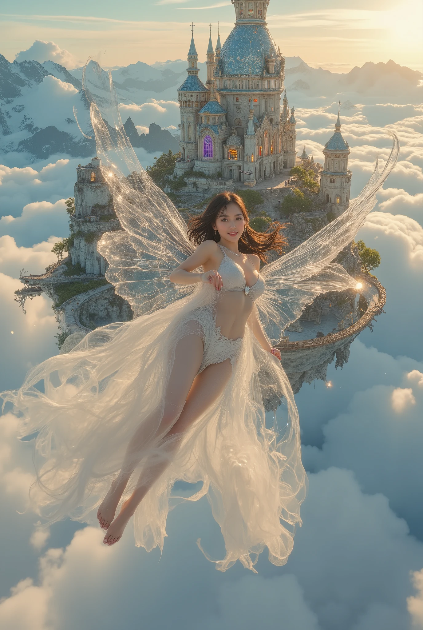 Photorealistic cinematic scene inspired by Naohisa Inoue’s “Iblard” universe: a fantastical floating castle suspended above a boundless sea of clouds, painted-like yet real, filled with dreamlike colors and textures. The castle is covered with layered terraces, winding bridges, floating gardens, and crystalline domes that shimmer with otherworldly iridescence. Its architecture blends organic curves, glowing stone, and intricate stained-glass windows that reflect light like living jewels. The atmosphere is serene and surreal, evoking infinite tranquility and timeless wonder.
In the foreground, a breathtakingly beautiful woman pilots a delicate flying apparatus with transparent, featherlike wings mid-flap—elegant and ethereal. Her luminous skin glows with natural radiance, every pore softly detailed, her expression a mix of happiness and bashful emotion, eyes bright with gentle light. Her flowing semi-sheer silk garment ripples in the wind, subtly revealing her elegant form without nudity, perfectly harmonized within the golden-ratio composition against the mystical castle backdrop.
Camera: 85mm lens, f/1.8, cinematic lighting at golden hour, warm golden tones balanced with ethereal blues and soft violet hues reflecting from the clouds. Ultra-realistic skin and fabric detail, natural subsurface scattering, soft rim lighting accentuating contours. The scene glows with Inoue-style dream color harmonies—vivid yet delicate, blending impressionist fantasy and photoreal beauty. Atmospheric depth, drifting mist, floating sparkles of light, gentle wind movement in hair and fabric, wide dynamic range, subtle film grain, a breathtaking fusion of photorealism and lyrical fantasy.