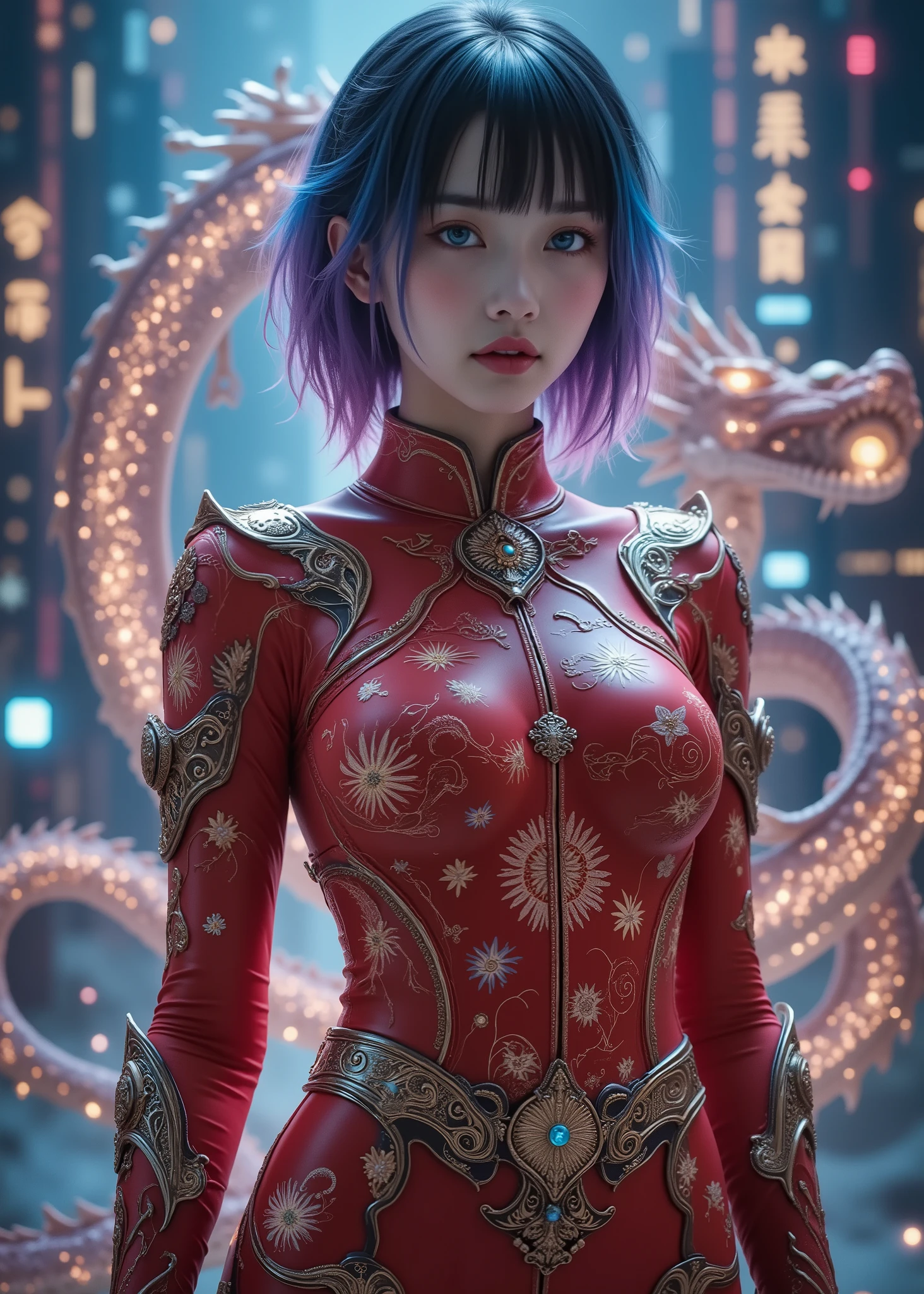 ultra high definition, high resolution, high resolution, 24K Video Quality. woman、beautiful, Aqua Blue Eyes, Full Body Portrait of a Cute 16 Year Old Japanese Girl. She wears a crimson latex suit that sticks to her body, The latex suit is adorned with vibrant dragons and other mythical elements, Toned Legs, Blue Purple and Silver Shorthair、accentuated by a decorative belt around her waist。Illustration of a finely stylized dragon in the background.Hi-Tech Female Combat Suit、((Agility Specialized Frame)), Futuristic Armor Design、Valley of Massive Buildings、 Shining City Night View 、Floating Information Display、Hi-Tech Android