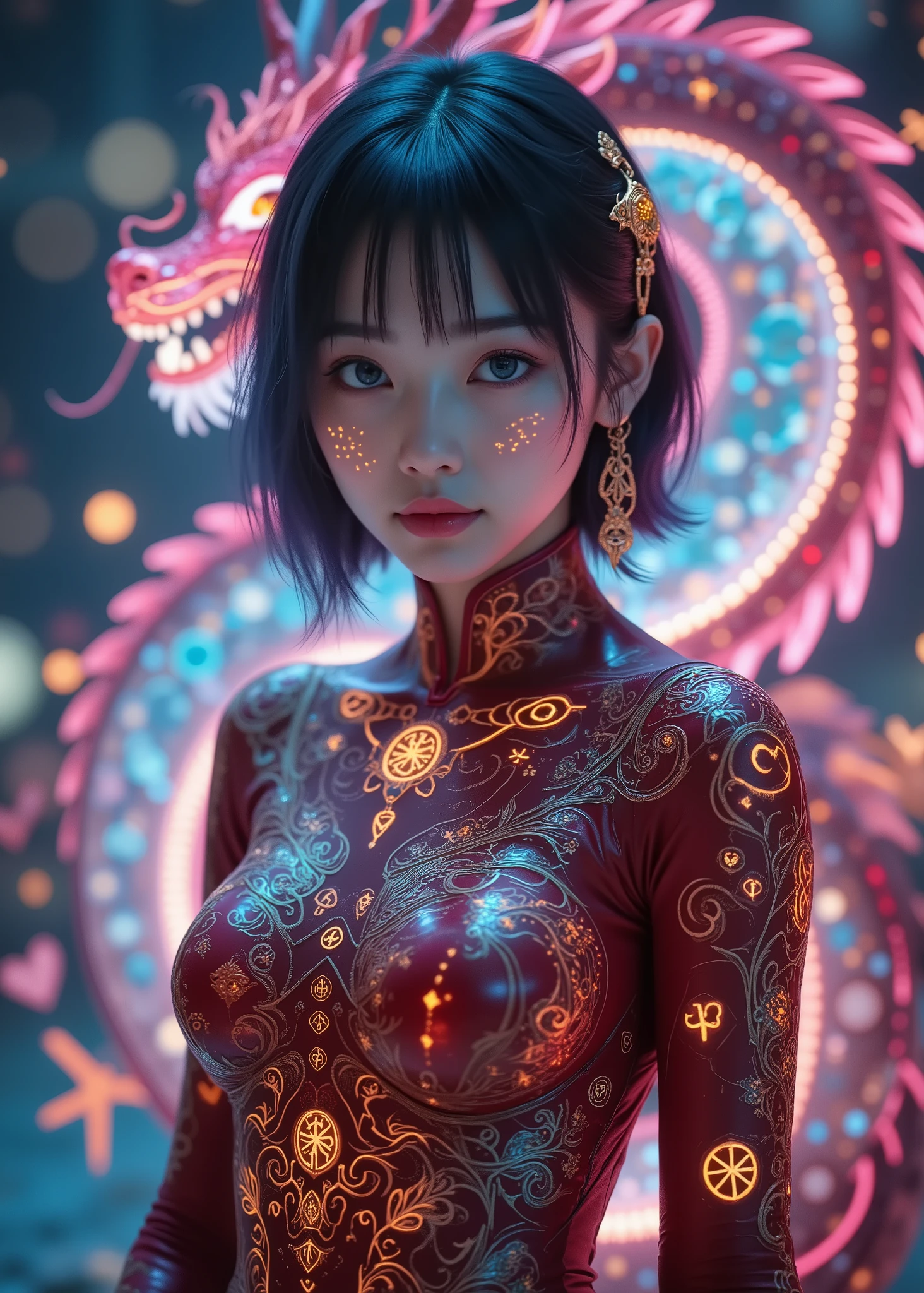 ultra high definition, high resolution, high resolution, 24K Video Quality. woman、beautiful, Aqua Blue Eyes, Full Body Portrait of a Cute 16 Year Old Japanese Girl. She wears a crimson latex suit that sticks to her body,  The latex suit is adorned with vibrant dragons and other mythical elements, Toned Legs, Blue Purple and Silver Shorthair、accentuated by a decorative belt around her waist。Illustration of a finely stylized dragon in the background.Hi-Tech Female Combat Suit、((Agility Specialized Frame)), Futuristic Armor Design、Valley of Massive Buildings、 Shining City Night View 、Floating Information Display、Hi-Tech Android