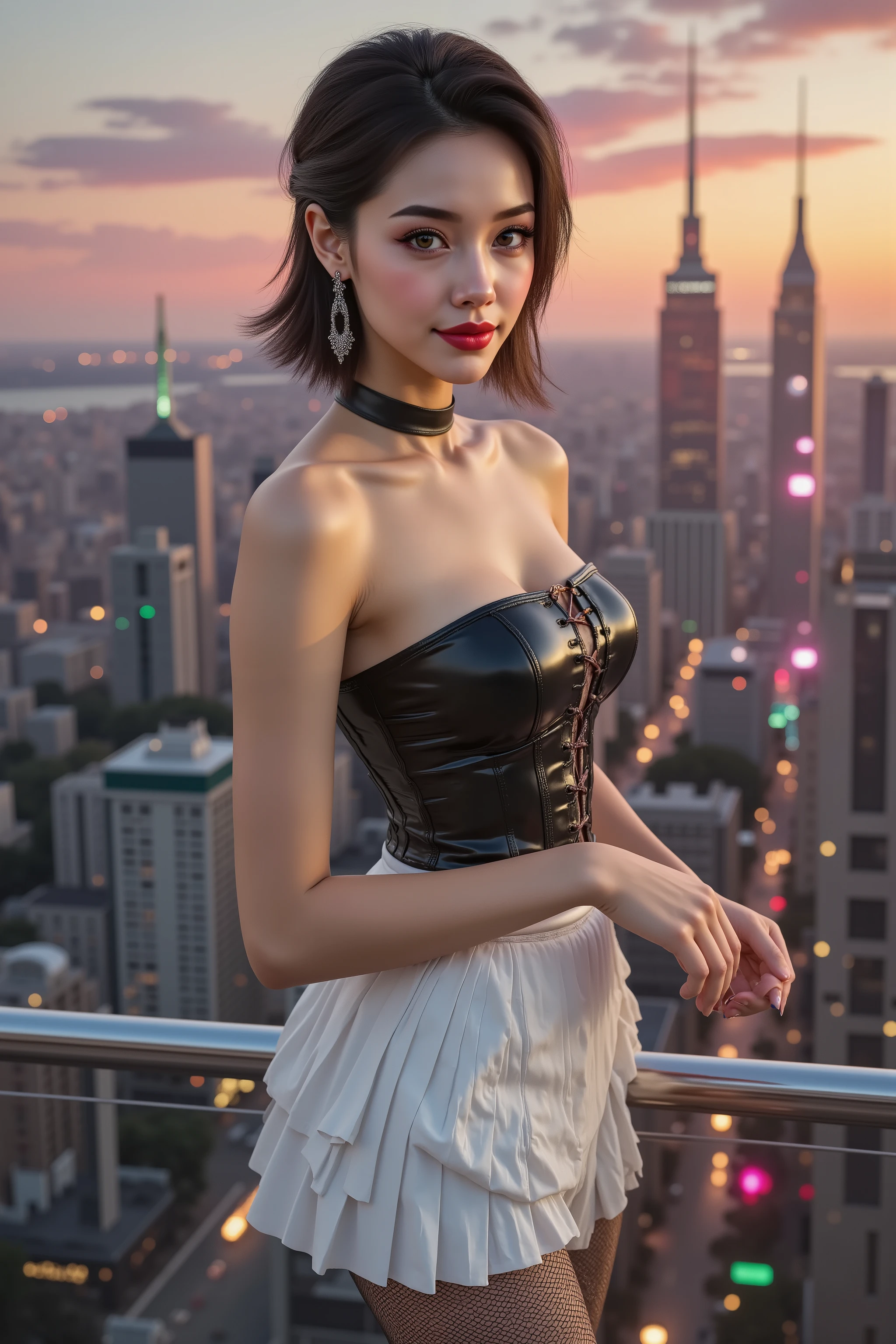 realistic (photorealistic Realism) , (Key Directive: - "The priority is the anatomical accuracy and texture of the materials" - "Ultra-sharp human eyes with biological accuracy") (ultra realistic texture details: velvety skin, hair), Beautiful Girl, ultra details, "Eyes (acid-resistant terminology) (macro-details:1.5): * Moist corneal surface (visible aqueous layer:1.2) * Hyper-detailed iris stroma (brown with gold flecks) * Precise limbal ring (slightly darker pigmentation:1.1) * Pupil micro-texture (irregular edge authenticity:0.9) * Vasculature in sclera (subtle red veins radiating from limbus)" - "Lashes: blue individual synthetic fibers (crosshatched roots:1.2, clump-free separation)" (ultra realistic texture details: velvety skin, hair), ((dark hair (short hair)(slicked to one side:1.25), extremely detailed:1.25)), A dress a beautiful girl with a perfect figure in something nice, made of available materials [wearing  (latex tube top corset (extra smooth, shiny latex, tightly laced at the waist, body-hugging), extremely detailed:1.25)] , [white mini skirt, pleated latex], [fishnet stockings]. generate hands anatomically correct.  ((no blurr eyes , high resolution , absurd quality , Realistic brown eyes:1 . 4) intricately details:1 . 35) , long Lashes: individual synthetic fibers (crosshatched roots:1 . 2 , clump-free separation), (Carefully draw Long mascara:1.22) [perfect dark eyeshadow:1.2][glossy red lipstick:1.3], professional Magic Makeup on eyes:1.22, perfect composition, wide hips, [2/5 side shot], a  big cyberpunk city in the background}.  {extremely detailed , sharp , clear , photorealistic image with sunrise lighting without shadows , dslr} , sharp image , sharpness and clarity in global illumination , captured by Fujifilm XT3 , f 5 . 6 , (perfect composition) , HDR , UHD , physically-based rendering , ((vivid colorful)) 