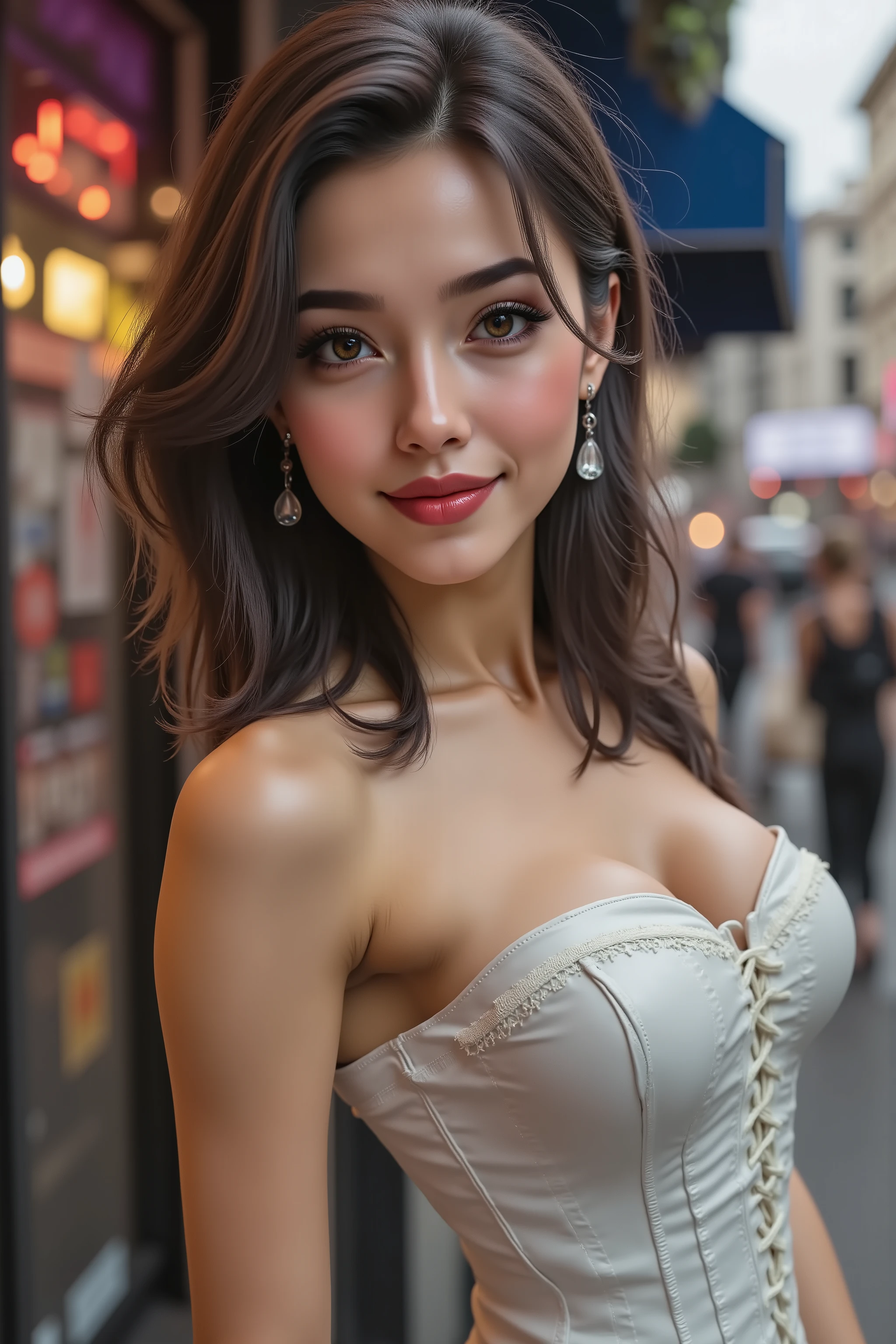 realistic (photorealistic Realism) , (Key Directive: - "The priority is the anatomical accuracy and texture of the materials" - "Ultra-sharp human eyes with biological accuracy") (ultra realistic texture details: velvety skin, hair), Beautiful Girl, ultra details, "Eyes (acid-resistant terminology) (macro-details:1.5): * Moist corneal surface (visible aqueous layer:1.2) * Hyper-detailed iris stroma (brown with gold flecks) * Precise limbal ring (slightly darker pigmentation:1.1) * Pupil micro-texture (irregular edge authenticity:0.9) * Vasculature in sclera (subtle red veins radiating from limbus)" - "Lashes: blue individual synthetic fibers (crosshatched roots:1.2, clump-free separation)" (ultra realistic texture details: velvety skin, hair), ((dark hair (short hair)(slicked to one side:1.25), extremely detailed:1.25)), A dress a beautiful girl with a perfect figure in something nice, made of available materials [wearing  (latex tube top corset (extra smooth, shiny latex, tightly laced at the waist, body-hugging), extremely detailed:1.25)] , [white mini skirt, pleated latex], [fishnet stockings]. generate hands anatomically correct.  ((no blurr eyes , high resolution , absurd quality , Realistic brown eyes:1 . 4) intricately details:1 . 35) , long Lashes: individual synthetic fibers (crosshatched roots:1 . 2 , clump-free separation), (Carefully draw Long mascara:1.22) [perfect dark eyeshadow:1.2][glossy red lipstick:1.3], professional Magic Makeup on eyes:1.22, perfect composition, wide hips, [2/5 side shot], a  big cyberpunk city in the background}.  {extremely detailed , sharp , clear , photorealistic image with sunrise lighting without shadows , dslr} , sharp image , sharpness and clarity in global illumination , captured by Fujifilm XT3 , f 5 . 6 , (perfect composition) , HDR , UHD , physically-based rendering , ((vivid colorful)) 