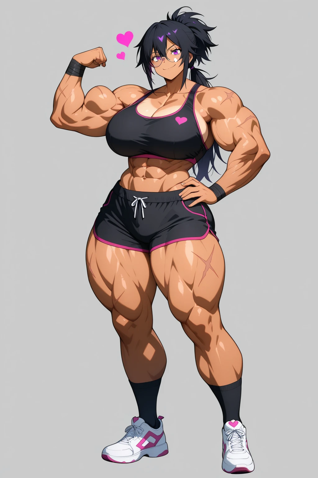 simple background micro ?????? 1girl curly colored hair dark smiling (bodybuilder ?????????????? muscular toned body curvy wide ???? thick thighs) ((tight skirt)) full body