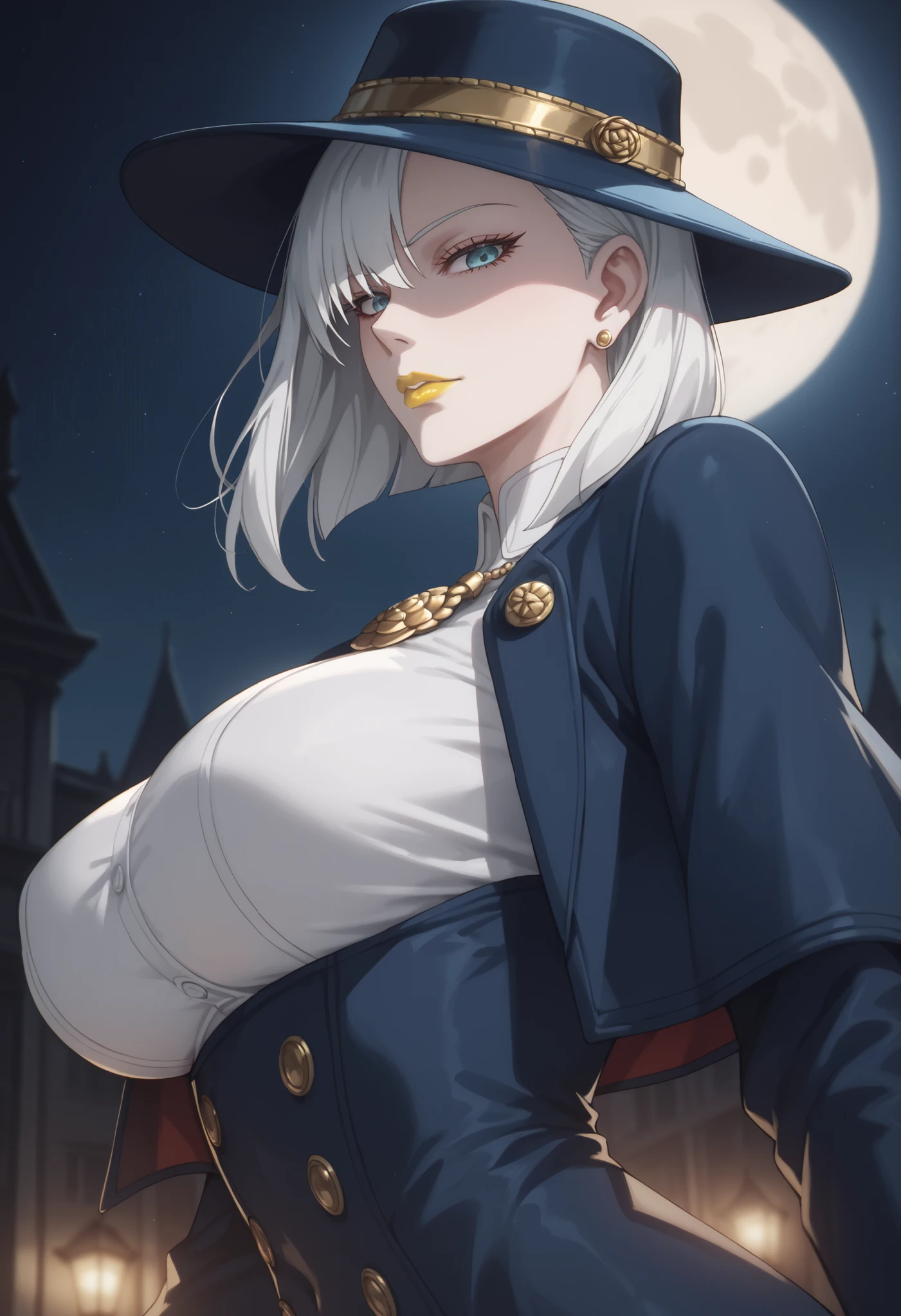 woman, large breasts, anime style, yellow lipstick, bright blue eyes, white hair, white skin, blue hat, white blouse, open blue suit, night, dark environment, looking at viewer, focus on character, moon in chiaroscuro, side view, open arms, blank stare, Fiona Frost, SPY X FAMILY