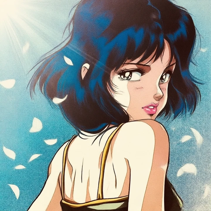 Retro anime style, a young woman with fair skin and dark blue shoulder-length hair. she gazes back, her eyes sparkling and her lips pink. she wears a yellow sleeveless tank top. the background is a textured blue gradient with floating white petals. the light source comes from the upper left, illuminating her hair and face.