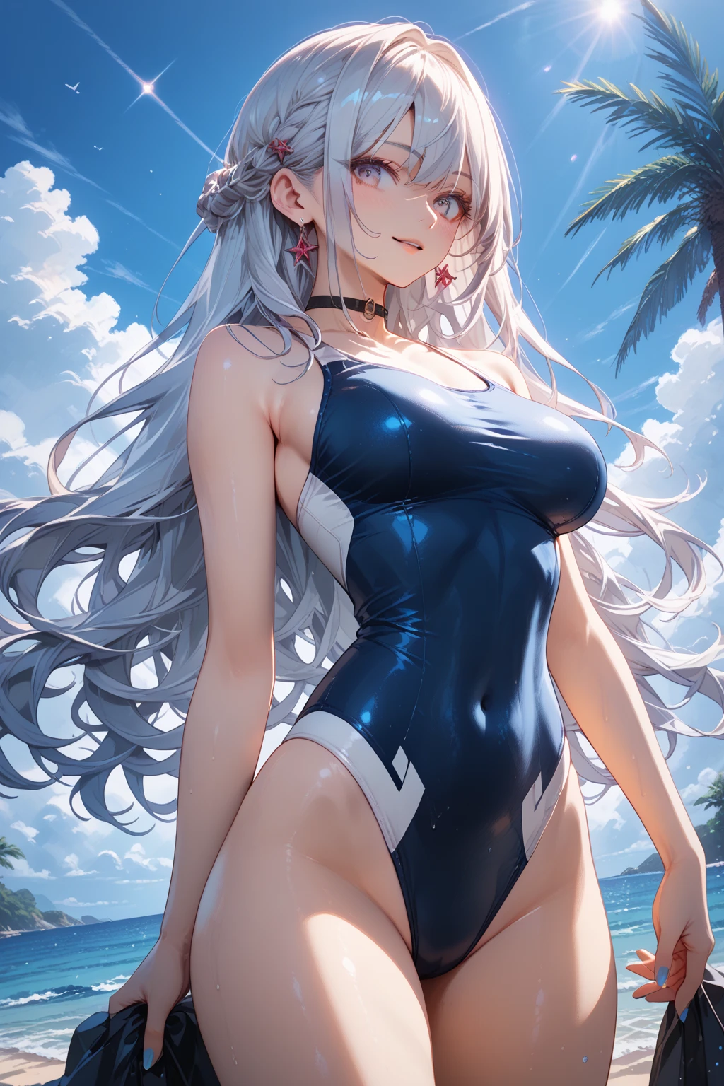 1woman24歳　back shot,
NP: worst quality ,
rule of thirds composition,
beautiful glow,
romanticism, 
the most beautiful various colors,  Particle,Magical Gentle Light Beautiful 24 year old、Fox ears、Like Fujiko Mine、Beautiful eyes、smile、atmosphere、Ocean、Dance vigorously、Fun dance！Beautiful Swimsuits、((swim suit)),(( cowboy shot,))、Silver Hair、Sweat、Big Ass、Big Breasts、ART、UHD、highest quality、masterpiece、magical gentle light