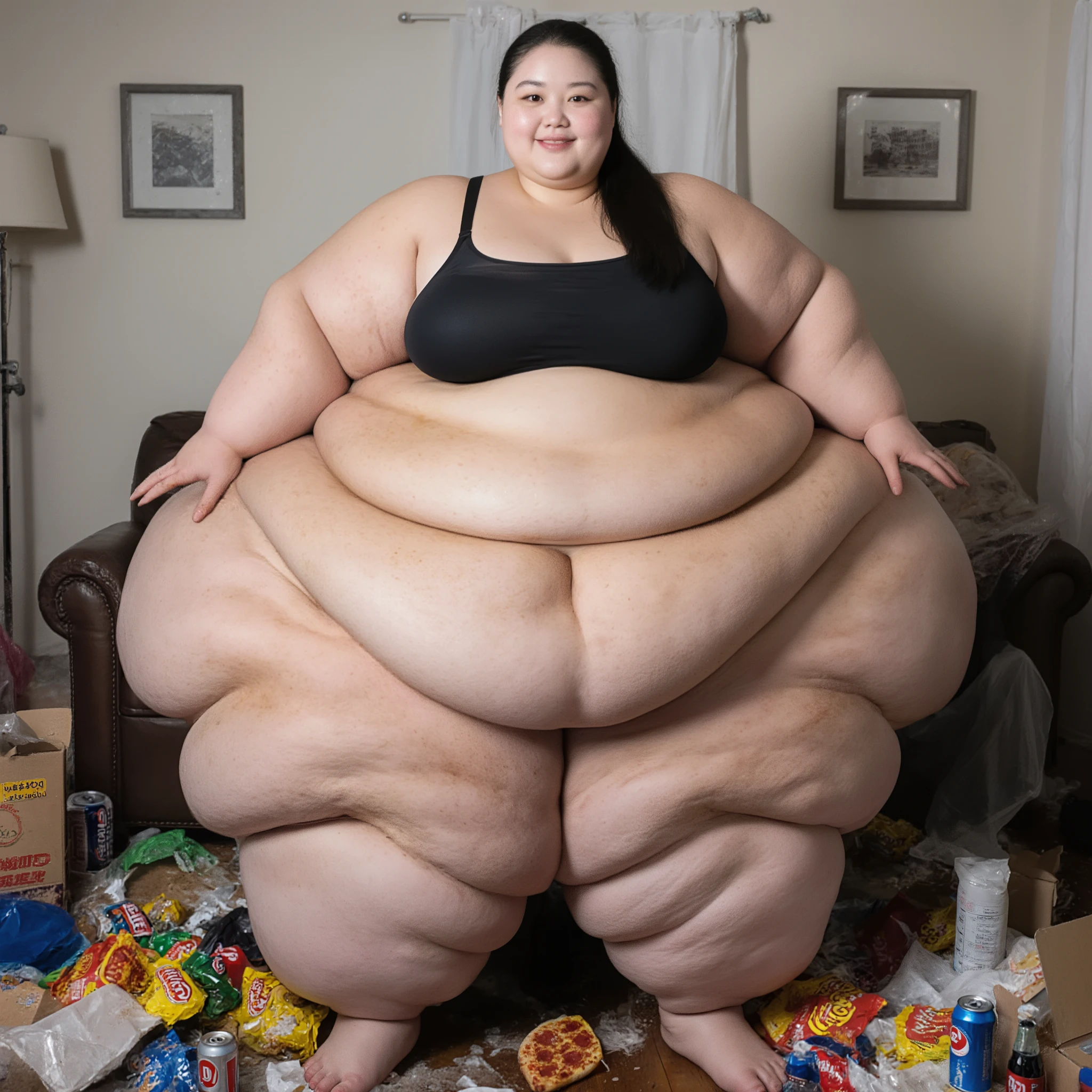 A highly detailed photorealistic photo of the absolute most extremely fat, gigantically oversized woman conceivable standing in a full body shot, her body an overwhelming mass of blubber that defies human limits. She is an ultra-morbidly obese, hyper mega super super sized SSBBW, weighing over 1500 pounds with endless cascading rolls of fat piling upon each other from head to toe, a (monstrous apron belly:1.7) sagging all the way to her ankles like a fleshy curtain, enormous hips so wide they could block a hallway, and colossal thighs each as thick as an entire person, merging into one another with no separation. Her entire frame is utterly engulfed in thick, quivering layers of adipose tissue, with profound creases, folds, and dimples covering every inch, her mobility seemingly impossible under the sheer weight. She is wearing a minuscule black micro bikini that is comically inadequate, stretched to breaking point and failing to contain her (titanic natural sagging breasts:1.6) which spill out enormously in all directions. Her ass is a vast, protruding continent of fat, extending outward like a massive shelf that jiggles with the slightest movement. She has enormously fat, pendulous arms that resemble overstuffed pillows, multiple thick chins blending into neck rolls that obscure her shoulders, and fat-swollen hands and feet. Her face is extremely beautiful yet incredibly fat and rounded, with hugely plump lips, cherubic chubby cheeks, deep double chins, and a soft, pillowy jawline. She is a teenager with flawless, youthful Japanese features, smooth pale skin, black hair tied in a sleek high ponytail, and she's gazing directly at the viewer with a seductive, playful smile that highlights her full lips. She stands in her chaotic living room, utterly messy with piles of fast food wrappers, greasy pizza boxes, crumpled snack bags, spilled chips, and dozens of empty soda cans and bottles littering every surface and the floor, underscoring her extreme gluttonous habits.