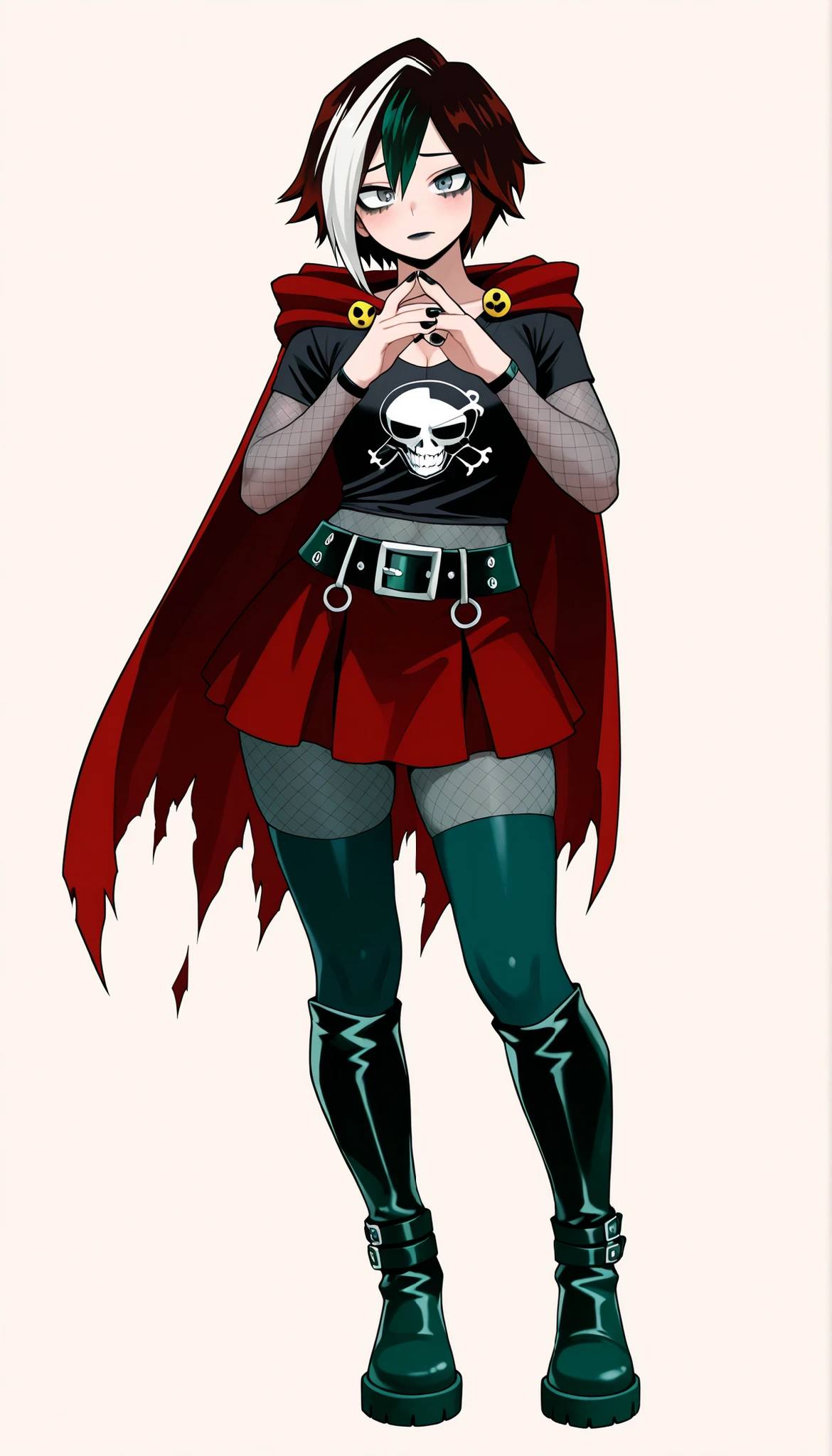 (Highest Quality)), (Simple background), My Hero Academia Style, 1girl, flat breast solo, hips, athletic body, slim body, ((grey eyes)), thighs, standing, long hair, short hair, gothic, red cape, medium cape, (((dyed bangs white))), dark reddish hair, hair between eyes, dark green crop top, loose black fishnet T-shirt, (((see-through t-shirt))), dark green footwear, long sleeves, black fishnet sleeves, head towards viewer, looking at viewer, ((shy)), (Shy expression), (Shy pose), closed mouth, zettai ryouiki, full body, cleavage, knee boots, dark red miniskirt, dark green pantyhose, shiny, 1/4, shiny hair, torn cape, <lora:Rogue(X-Men_Evolution):1>, 1female, female, multicolored hair, brown hair, belt, leather belt, black belt, makeup, ((black eyeshadow)), ((black lipstick)), ((White hair strand)), ((stranded bangs)), two-tone hair, <lora:ruby_rose:1>, ((Anxious pose)), ((Slouching Pose)), anxious girl, shy girl, Playing with hands, ((black nail polish)), ((Fingers intertwined)), ((Emo Makeup)),