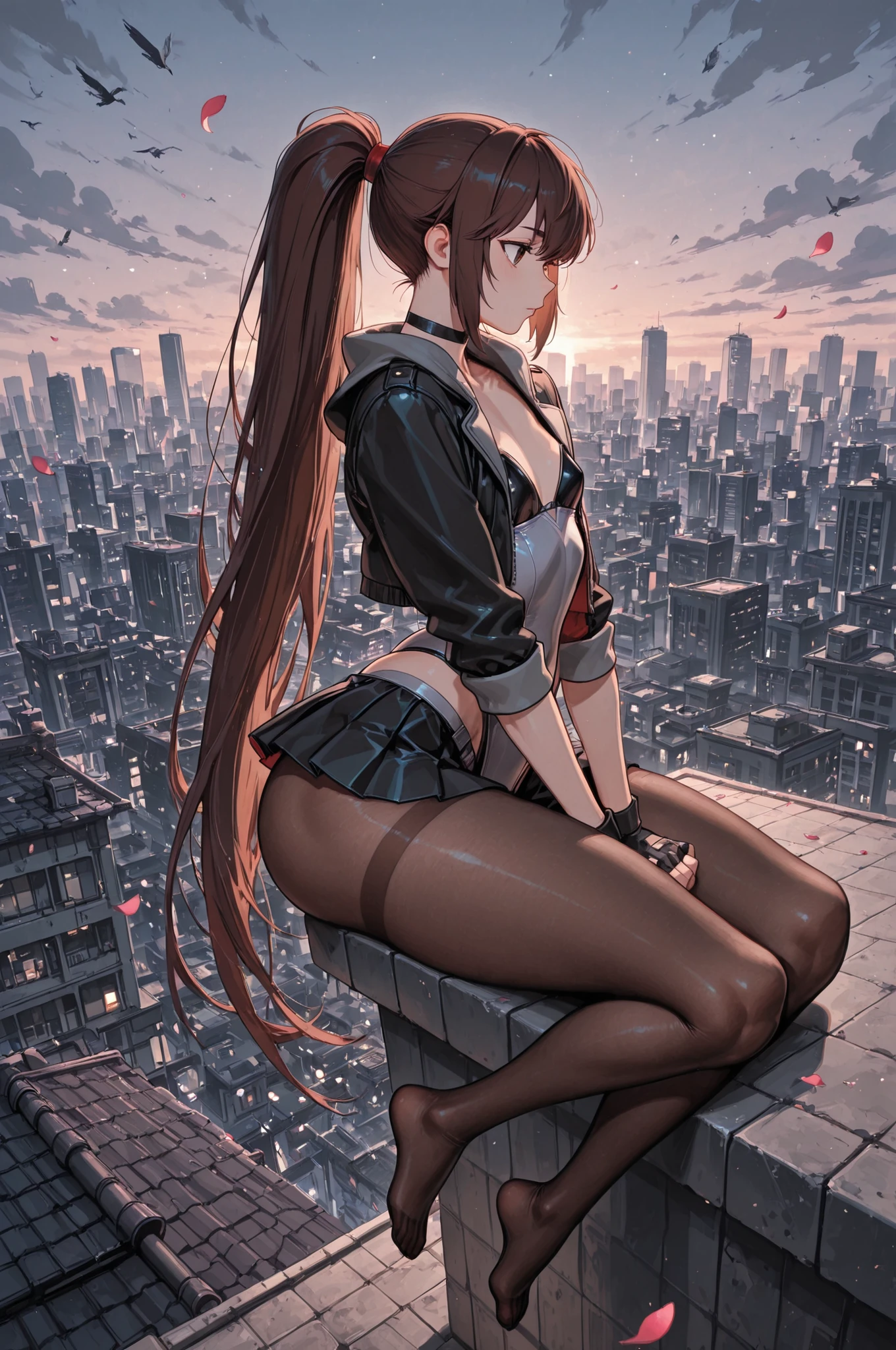 Princess Marco. brown eyes, very long hair, brown hair, ponytail. very small breasts. huge hips. slim body. choker. femboy, crossdressing,| score_9,score_8_up,score_7_up,score_6_up,score_5_up, rating_safe, \(ghost in the shell\), (ultra HD quality details) masterpiece, high detail, futuristic, cityscape, breathtaking, girl, sitting, school uniform, from side, foot dangle,  pantyhose, floating petals, rooftop, city skyline, birds silhouettes, tiled roof 
