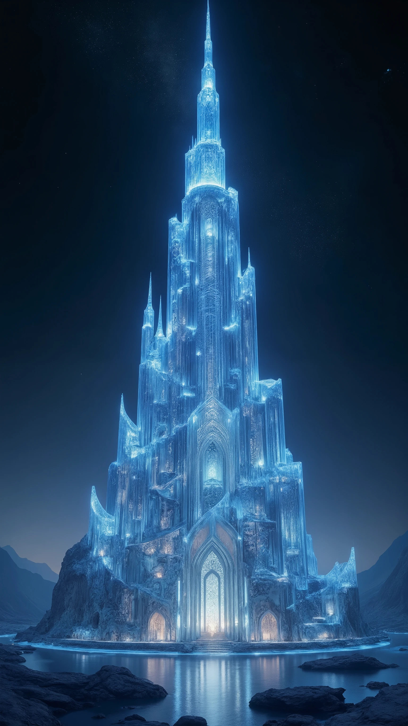 high-definition images、Glass Castle by the Earth{x}(A huge transparent blue sparkling clear glass castle that seems to reach the sky)masterpiece、outer space