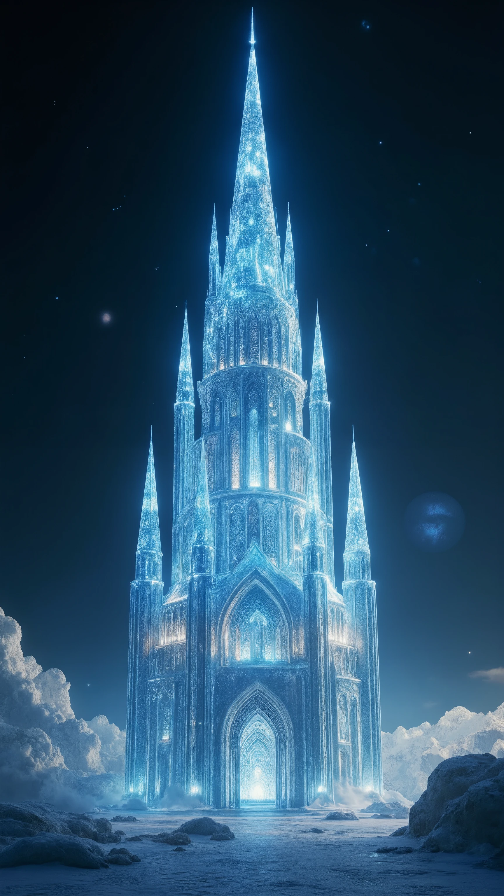 high-definition images、Glass Castle by the Earth{x}(A huge transparent blue sparkling clear glass castle that seems to reach the sky)masterpiece、outer space