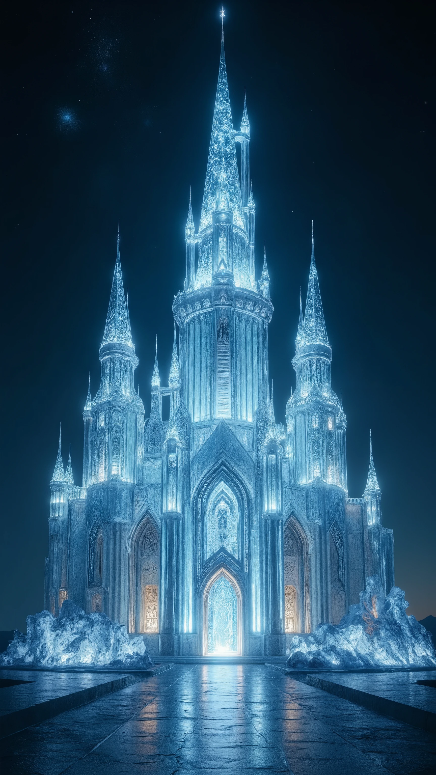 high-definition images、Glass Castle by the Earth{x}(A huge transparent blue sparkling clear glass castle that seems to reach the sky)masterpiece、outer space