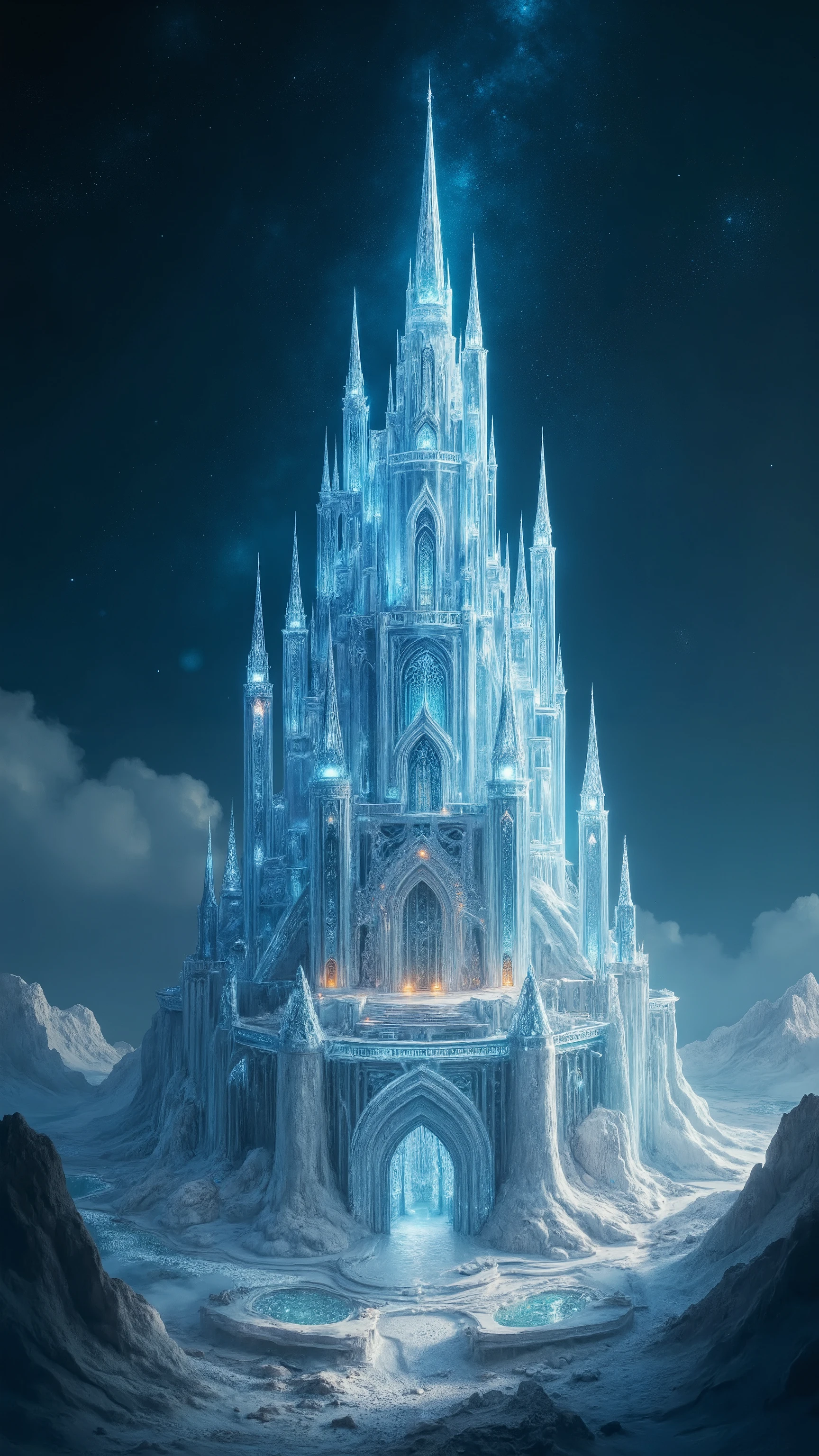 high-definition images、Glass Castle by the Earth{x}(A huge transparent blue sparkling clear glass castle that seems to reach the sky)masterpiece、outer space