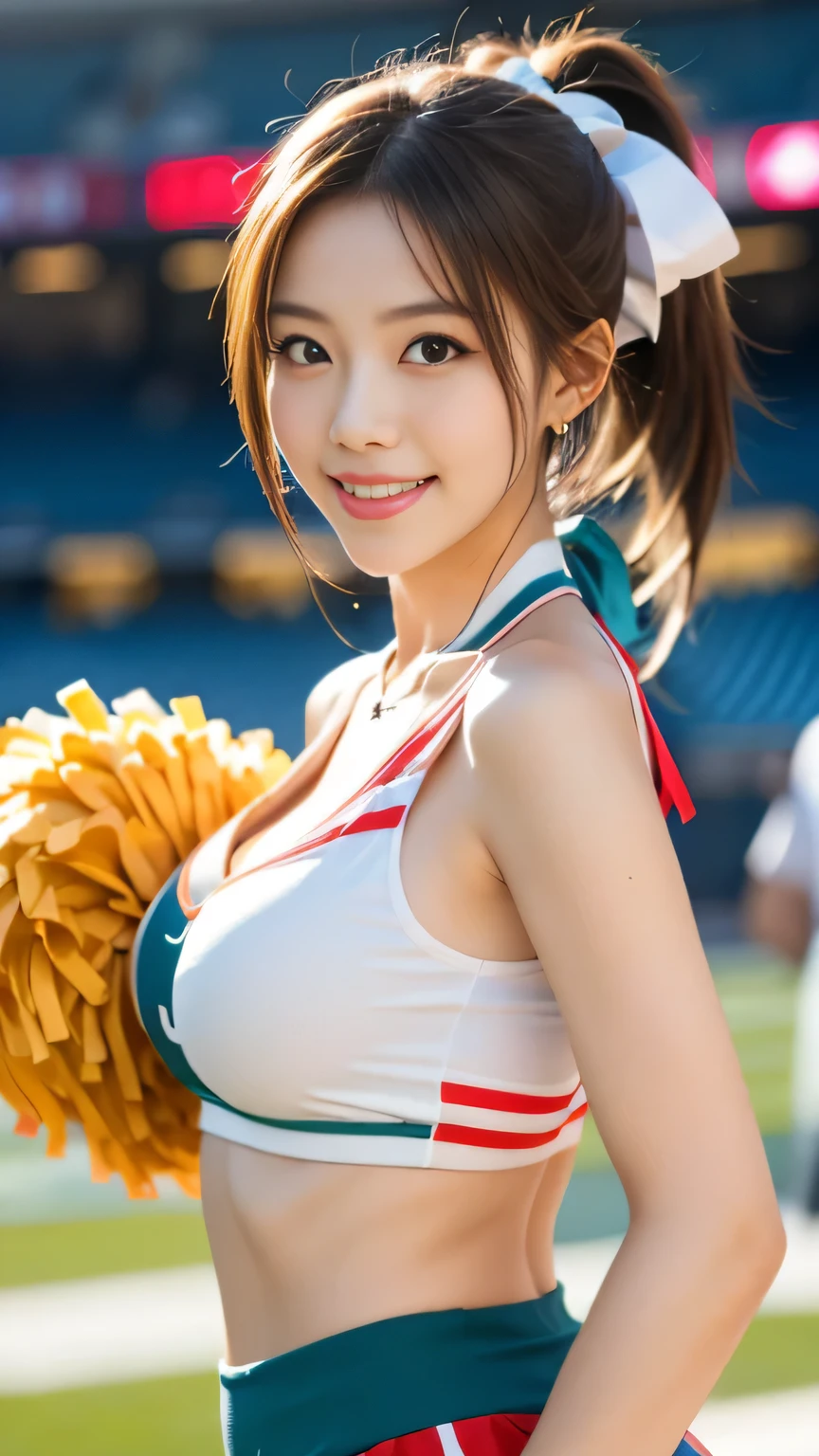 Two Ala-Fed Asian cheerleaders posing dynamically with pom-poms in stadium, close-up, cosplay photo, anime cosplay, small ???????, RAW photo, best quality, high resolution, (masterpiece), (photorealistic:1.4), professional photography, sharp focus, HDR, 8K resolution, complex details, depth of field, Highly detailed CG Unity 8k wallpaper, front light, ????, women, girl, beautiful supermodel, smile, slender, small cheer uniform, yellow,