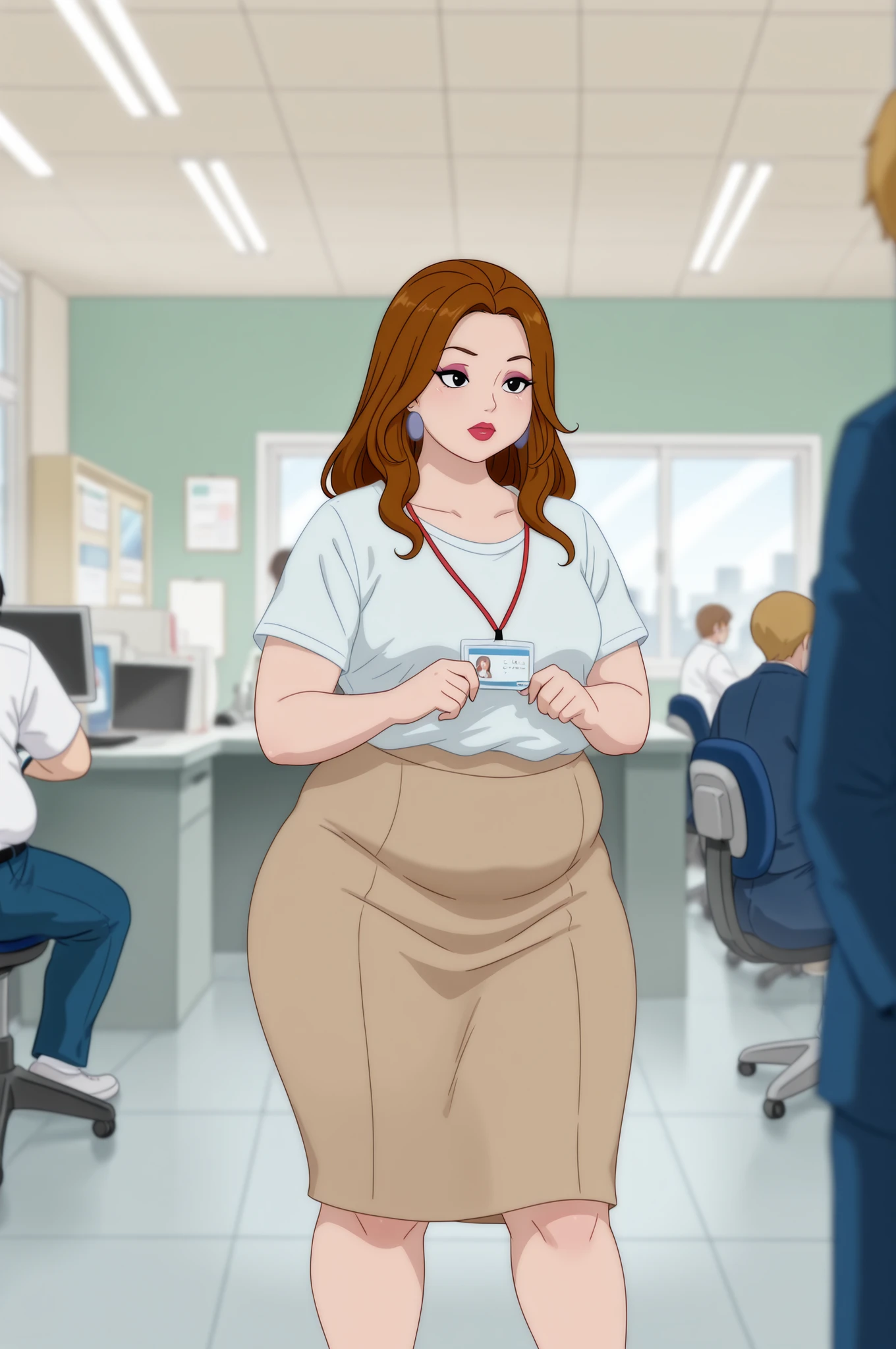 Debra, small . Pale red lipstick, brown hair, black eyes, pale red makeup, long hair, thick , chubby, overweight, chubby, fat, mature woman..| masterpiece, best quality, depth_of_field, wide_shot, 1girl:1.5, solo_focus, in office, indoors, id_card, strap, business office, white_shirt, pencil_ long skirt, standing, office, window, desk, chair, computer, ceiling, ceiling light, crowd, crowded office, many people in background,