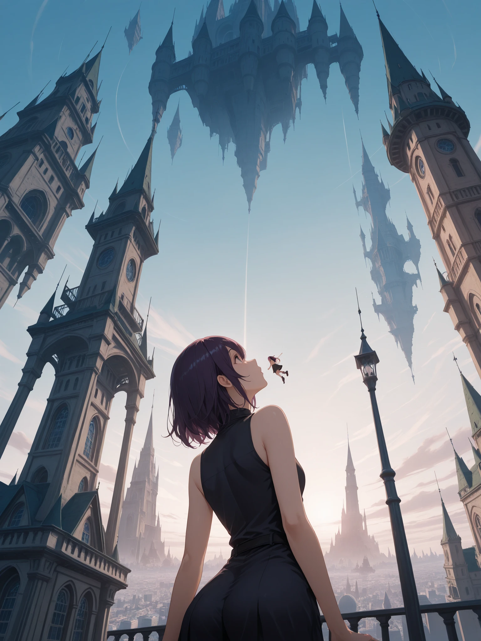 in en very detailed, High Quality, masterpiece, wide field of view, 1girl, sleeveless, inspecting , Back, Up and down the cityscape, (Floating City, gravity-defying architecture),Castle in the Sky,looking up from below,profile,