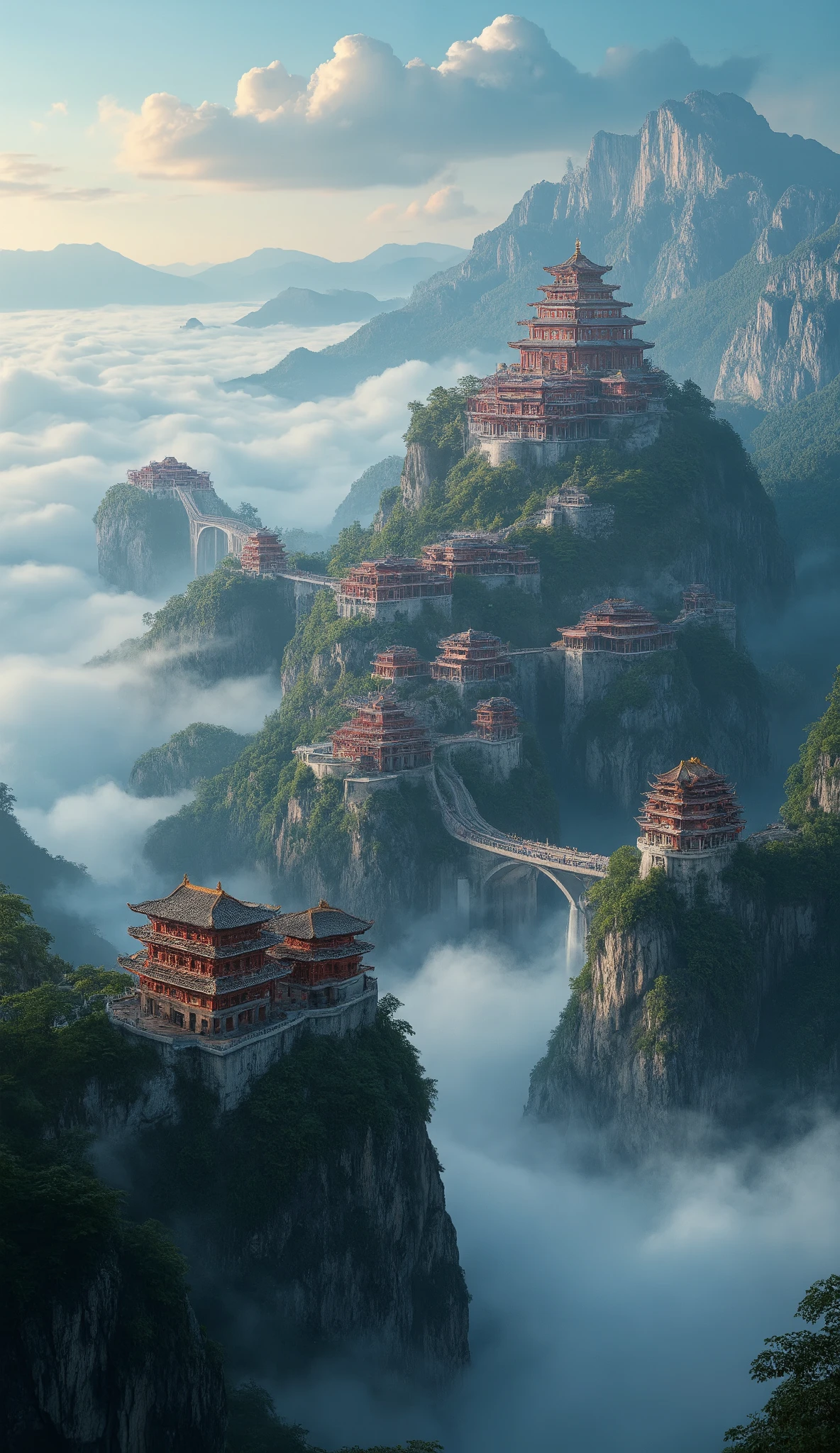 Otherworldly space、Close to space、Asian Cities with Bridges Over Clouds、Lost City Photos、picturesque background、Digital Images of Red Temples、cyberpunk、High Resolution Backgrounds Glowing Ancient Castles、A dreamy city above the clouds、Highly detailed digital images、High Resolution Digital Paint、Detailed Scenery、Close to space。