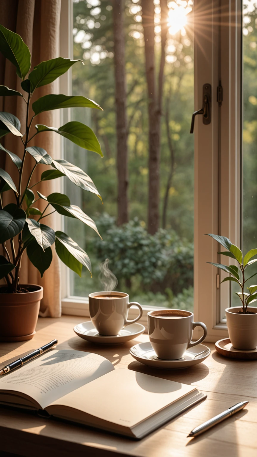 tmasterpiece:1.3, Photorealsitic, 8K, Creative teacups, Large white cup of tea, There are pictures of 2 miniature shortbread on the side,, An old camera, Perspective from above, The light from the back window is backlighted, warm color, Single focus