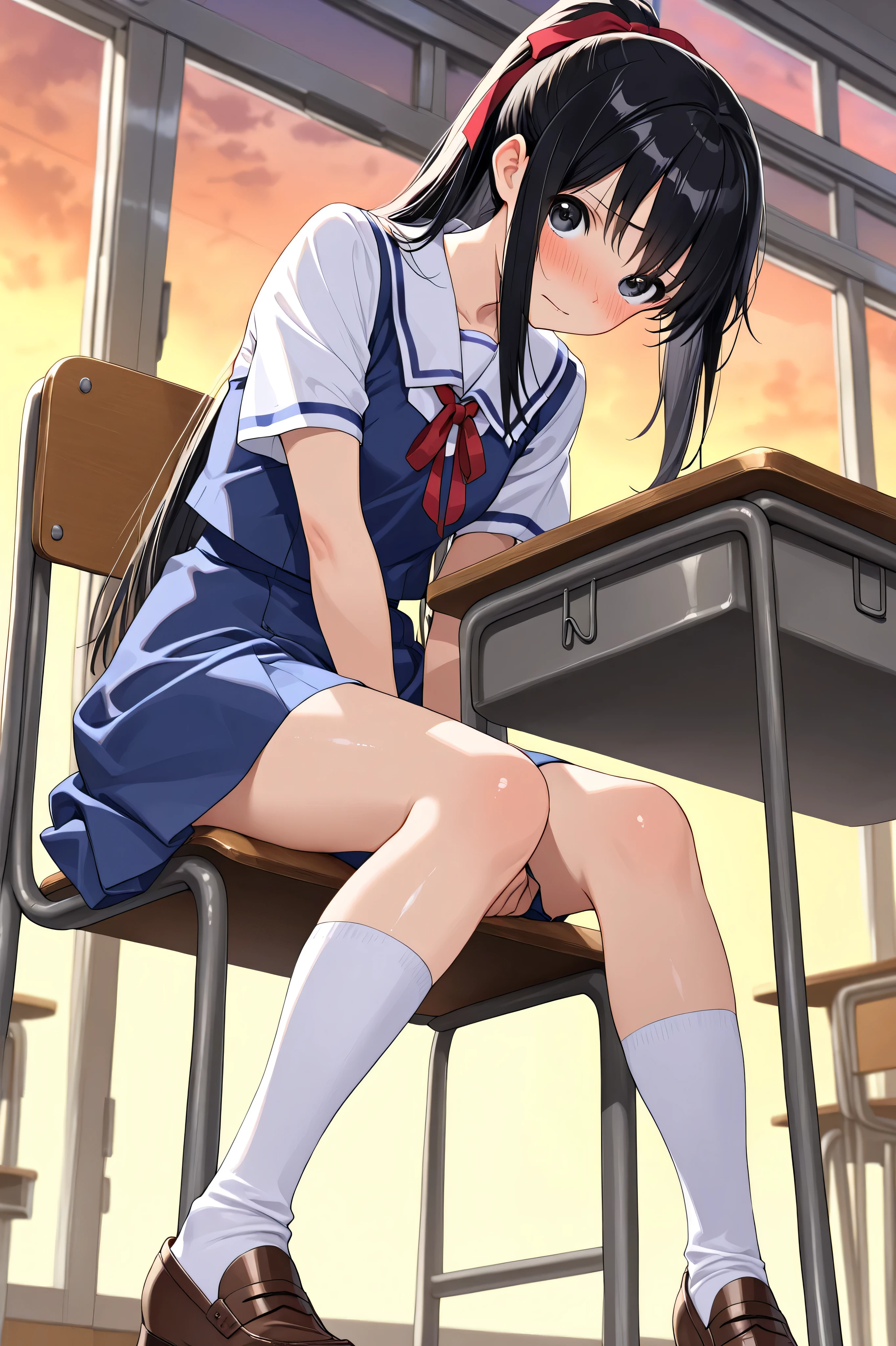 (masterpiece: 1.0), (best quality: 1.0), (ultra-detailed: 1.0), (high resolution: 1.0), (HDR: 1.2), (4k: 1.0), (detailed detail: 1.0)
BREAK
(School, classroom, desks, chairs, evening, sunset, empty classroom)
BREAK
(female junior high school student:1.5), (1 girl), (solo:1.3), (Black hair, shiny hair, long hair, straight hair, ponytail)
BREAK
(School uniform, summer uniform, Red ribbon, white short-sleeved shirt, navy blue skirt, white socks, brown loafers)
BREAK
(front view, facing forward, symmetrical:1.4), (looking at viewer), (embarrassed:1.2), (from below, Low angle:0.6), (skirt focus:0.6) , (sit on chair:1.0), (Grab your crotch:1.2)