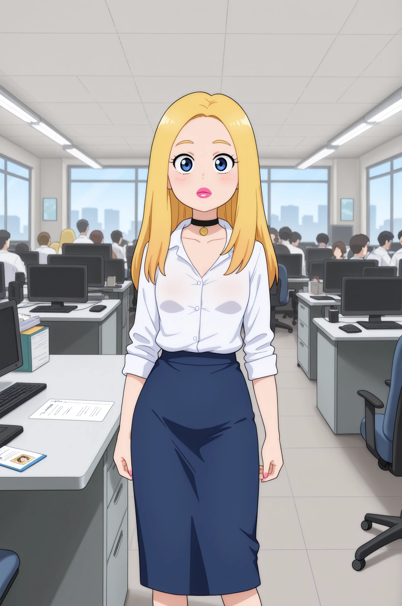 Francine Smith, looking at viewer, pink lipstick, choker, Blonde hair, small saggy breasts. long hair.| masterpiece, best quality, depth_of_field, wide_shot, 1girl:1.5, solo_focus, in office, indoors, id_card, strap, business office, white_shirt, pencil_ long skirt, standing, office, window, desk, chair, computer, ceiling, ceiling light, crowd, crowded office, many people in background,