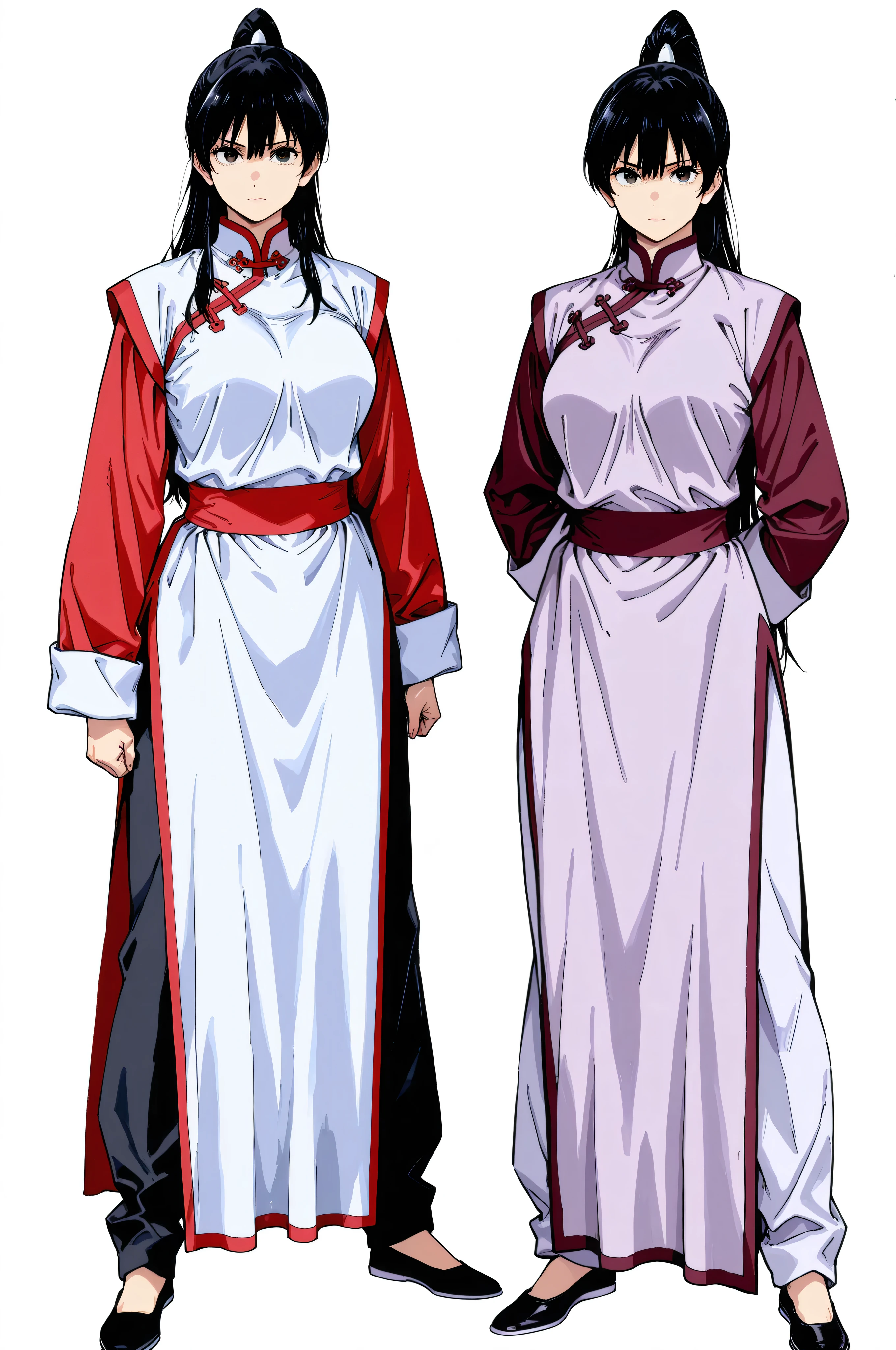 chinese clothes,KungFuUniform,score_9, score_8_up, score_7_up, gsfghtr, multicolored robe, multiple girls, 2girls, white background, serious,, kohei horitoshi, mature female, looking at viewer, quarter, breasts, full body, pants, long ponytail,