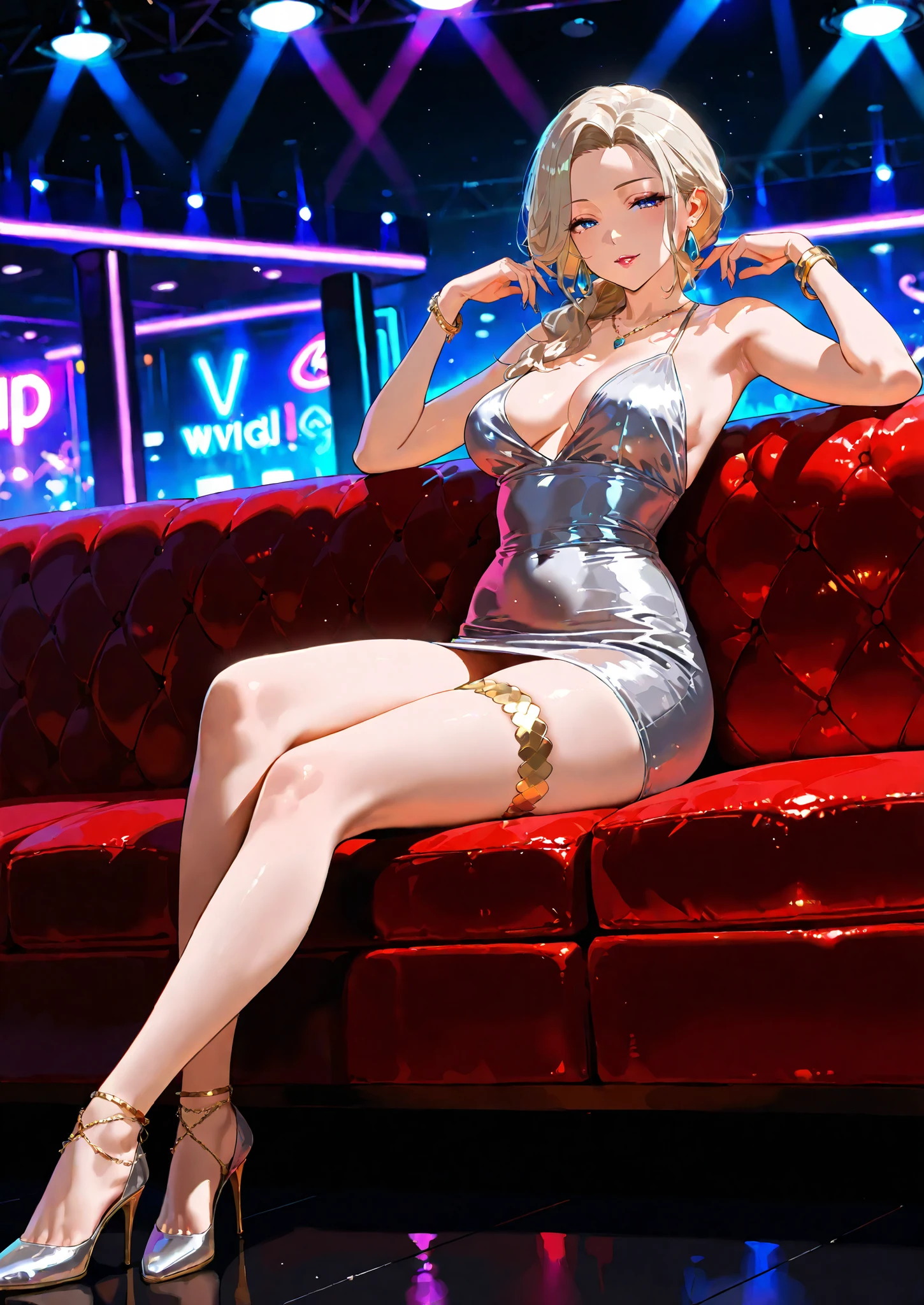 1girl, solo, mature female, milf, short dress, sitting on the couch, platinum blonde hair, nightclub, vip lounge, short dress, bracelets, leg jewelry, high heels, naturally sagging medium breasts, seductive, sexy pose, alluring atmosphere, cinematic lighting, BREAK, masterpiece, superb quality,warm color,high resolution,high fashion,absurdres extremely,vivid colors,intricate details,best quality,amazing quality,very aesthetic,newest,ultra-detailed,nsfw,