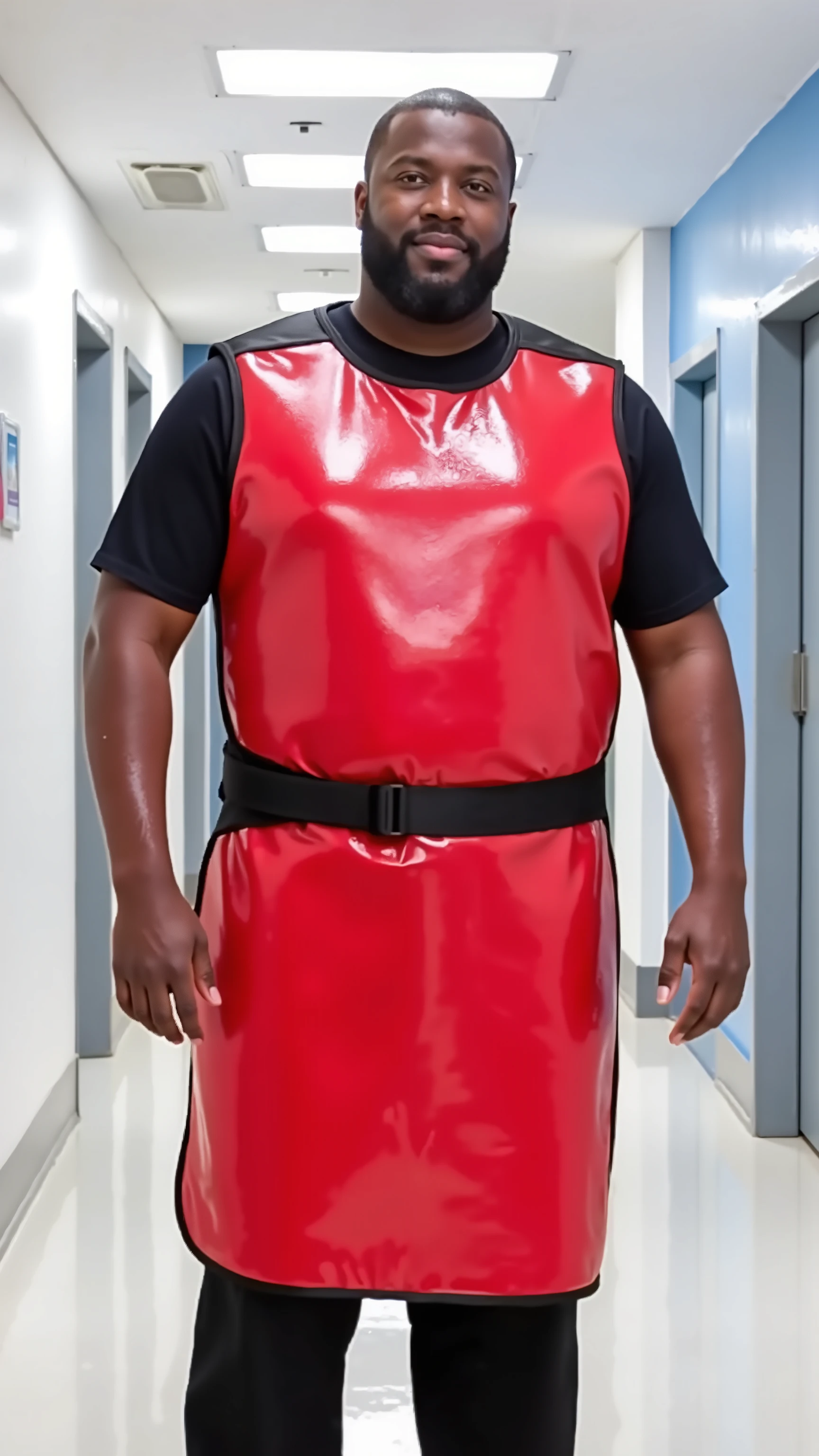 A tall fat 400 pound black man wearing a red and gold lead apron made of shining vinyl that is thick and has black rubber straps, the man wears black latex pants, the man is in a hospital hallway in a futuristic facility made of onyx and quartz