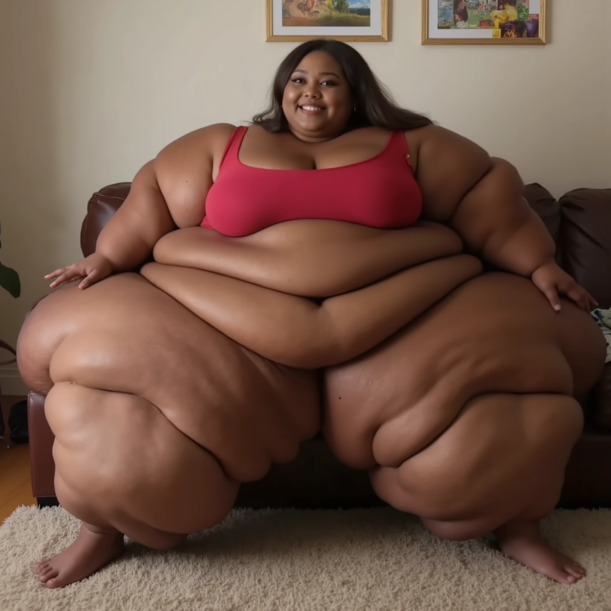 A highly detailed photorealistic full-body photo of an insanely, ultra-morbidly obese African American teenage woman, an extreme hyper mega super-sized SSBBW USSBBW weighing over 3000 pounds with 85%+ body fat percentage, sitting on a reinforced sofa with her entire body fully within the frame, optimized for Flux Krea. Her colossal body is buried under endless cascading layers upon layers of massive fat rolls piling from head to toe, with a (monstrous apron belly:2.5) sagging profusely to the floor like a multi-tiered fleshy curtain pooling around her, impossibly ultra-wide spanning wider than a double door, and gargantuan thighs each thicker than two people, merging seamlessly and rubbing with intense friction. Her vast, protruding is a continent-sized shelf of fat, overwhelming the sofa and jiggling uncontrollably. Her pendulous arms are like overstuffed mattresses, with deep rolls, flapping bingo wings, and fat-swollen hands and feet barely recognizable. Her (gigantic natural sagging :2.5) spill massively outward like exercise , uncontainable by . Her face is extremely beautiful yet immensely fat, with hugely plump lips, cherubic bloated cheeks, octodecuple chins blending into neck rolls that engulf her shoulders, and a pillowy jawline with puffy, fat-padded features. She has flawless, youthful African American features, rich dark skin with hyper-detailed texture, cellulite, stretch marks, and profound creases. She gazes at the viewer with a , playful smile. Hyper-realistic, 8K resolution, global illumination, realistic shadows, vibrant colors, emphasizing extreme quivering adipose tissue, deep folds, dimples, and anatomically correct proportions despite monumental size.