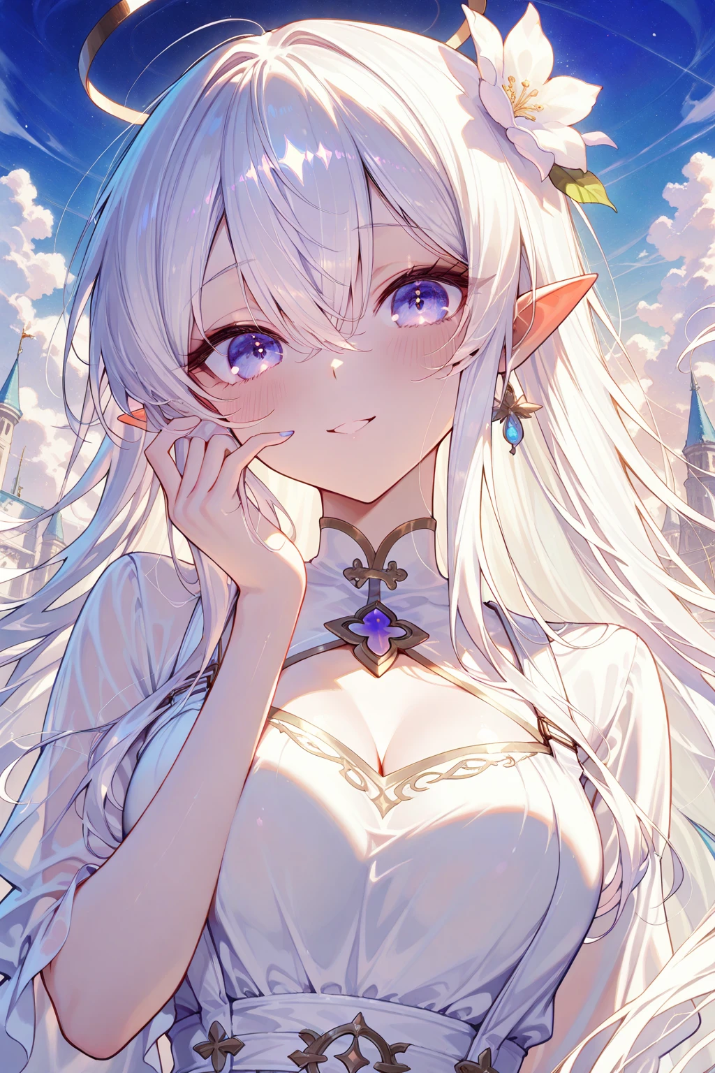 最high quality、1woman elf 、Silver Hair、bionde、、、Beautiful foam、、CourtyardShining fairy wings、E.G: Worst quality ,Flower fractal art　　、see-throughbodystocking,Beautiful side shot, radiance,High-definition depiction, Realistic, 8K, Unity, beautiful Shot, light smile, Beautifully and vividly drawn, , Beautiful, beautiful, clear skin、sexly,beautiful dress,Countless rays of light pouring down, Swirling Light, big background, Raise one arm above your head, Intense light is emitted from the magic circle in front of the girl.   forest、Lots of leaves、Green leaves、flower、Particles of light、Bedroom at night、Magic Palace、Fairy tale、
Romanticism,Cowboy Shot: The most beautiful form of chaos, Mr..々Farbe, Intertwined flowers, Particle,magical gentle light,smile,sexly,image quality、masterpiece、Beautiful Face、Super beautiful elf woman((Big breasted 22 year old office lady、、Bust 100,Beautiful long ironed hair 、bionde hair,height: 165cm。、sexly、Esbian、、high quality、、background((Star Narski)))、Starry Sky、Visual art、Written boundary depth、、Elf Ears、、universe、Happy smile、Gentle light、Elf forest、elegant、ticker beautiful decorative、、magic、forest、beautiful tiara、Beautiful bed、Beautiful Landscape、A kind smile、wonderful、Fluttering petals、Dance happily、、Cultivate fantasy、、Mystery light　Lots of flowers、、art、forest, palace, art,mystery,Ultra-high resolution,atmosphere