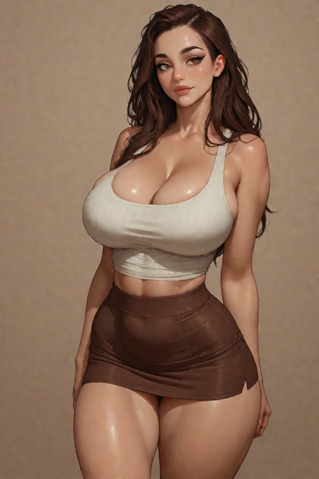 8k, 30 years old, beautiful mom, plump figure, waist constriction,  vertical, biting lips, cleavage, necklace, earrings, perfect, smooth body, mole visible on face,  eyes, chic thighs, visible detailed curves, view , beige panties, collared t-shirt