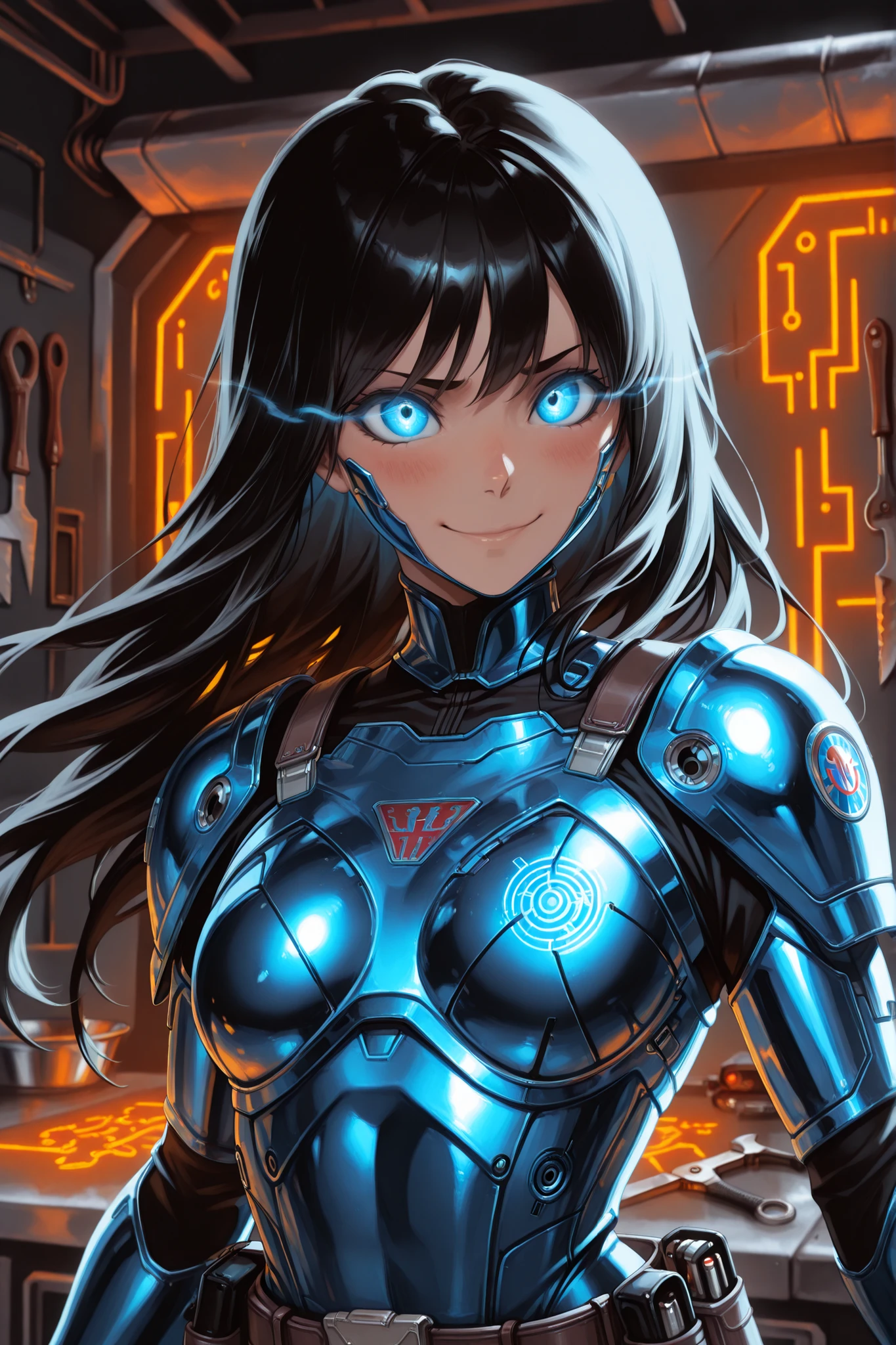 Masterpiece, 1girl, highly detailed, character, Star Wars, beautiful Asian woman, gew, glowing eyes (cyan eyes), glowing circuit tattoos, athletic body, long straight black hair, shy smile, mad-bdyarmr, chrome and blue armor and clothing, tool belt, upper body shot, L337 in the background, workshop, Bleach art style