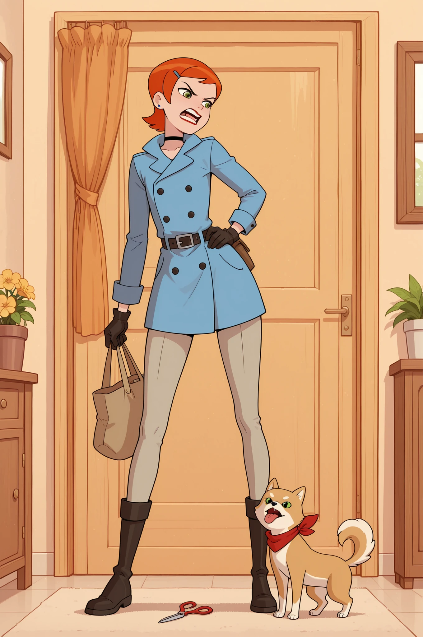 Gwen Tennyson . red ginger . short hair . green eyes . red lips, flat breasts, flat chest, huge hips . slim body . choker . | masterpiece,best quality,highres, 2childhood memory hildhood memory,1girl, angry, 1femboy, scarf, plant, potted plant, bag, flower, dog, gloves, pants, coat, pants, footwear, pink coat,  scarf, holding, long sleeves, gloves, flower, scissors, boots, window, hat, tongue, blue coat, curtains, door,Pale orange theme,
