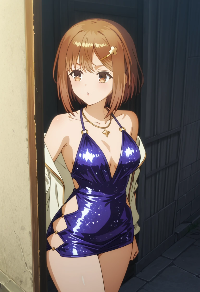 Aerith in purple sequin mini dress, front shot, perfect body, standing outside, Japan, Tokyo Night,  <lora:Aerith-TestVersion:1>