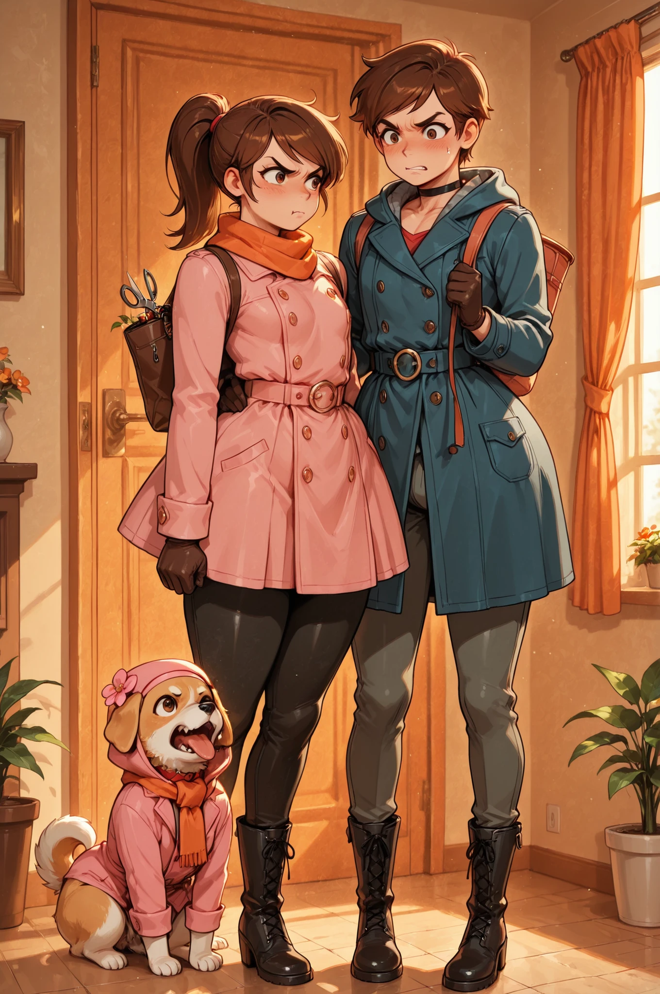 Princess Marco. brown eyes, brown hair, ponytail. small breasts. huge hips. slim body. choker. femboy, crossdressing,|  masterpiece,best quality,highres, 2childhood memory hildhood memory,1girl, angry, 1femboy, scarf, plant, potted plant, bag, flower, dog, gloves, pants, coat, pants, footwear, pink coat,  scarf, holding, long sleeves, gloves, flower, scissors, boots, window, hat, tongue, blue coat, curtains, door,Pale orange theme,