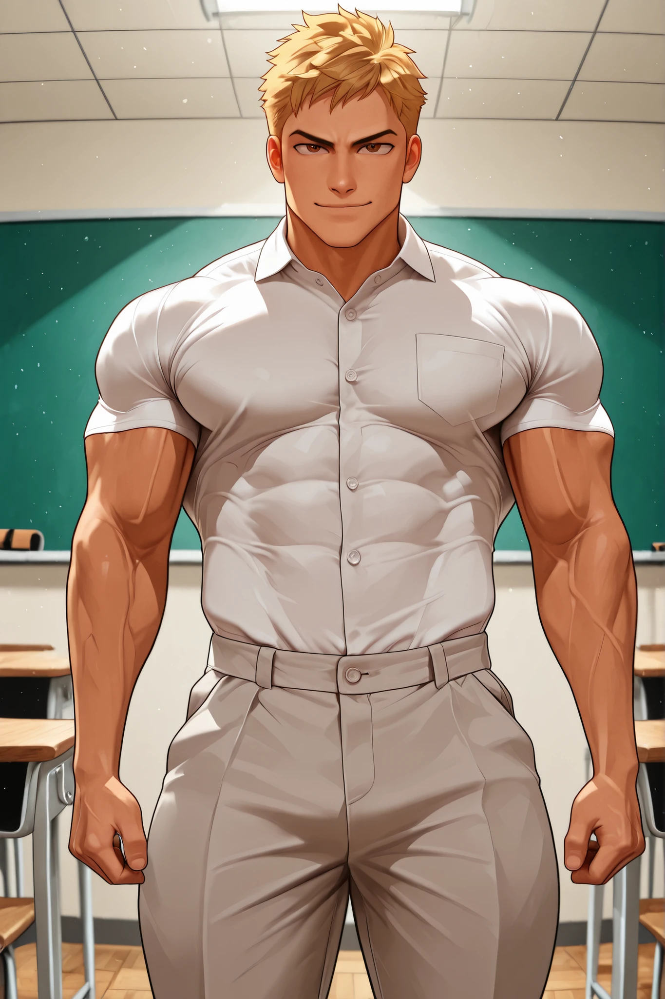 Athletic boy, fit boy, very short hair, blond hair, brown eyes, casual clothes, white formal shirt, short sleeves, pants, detailed facial features, intense gaze, confident smile, muscular physique,1 boy, boy in a classroom, classroom, intense light on back