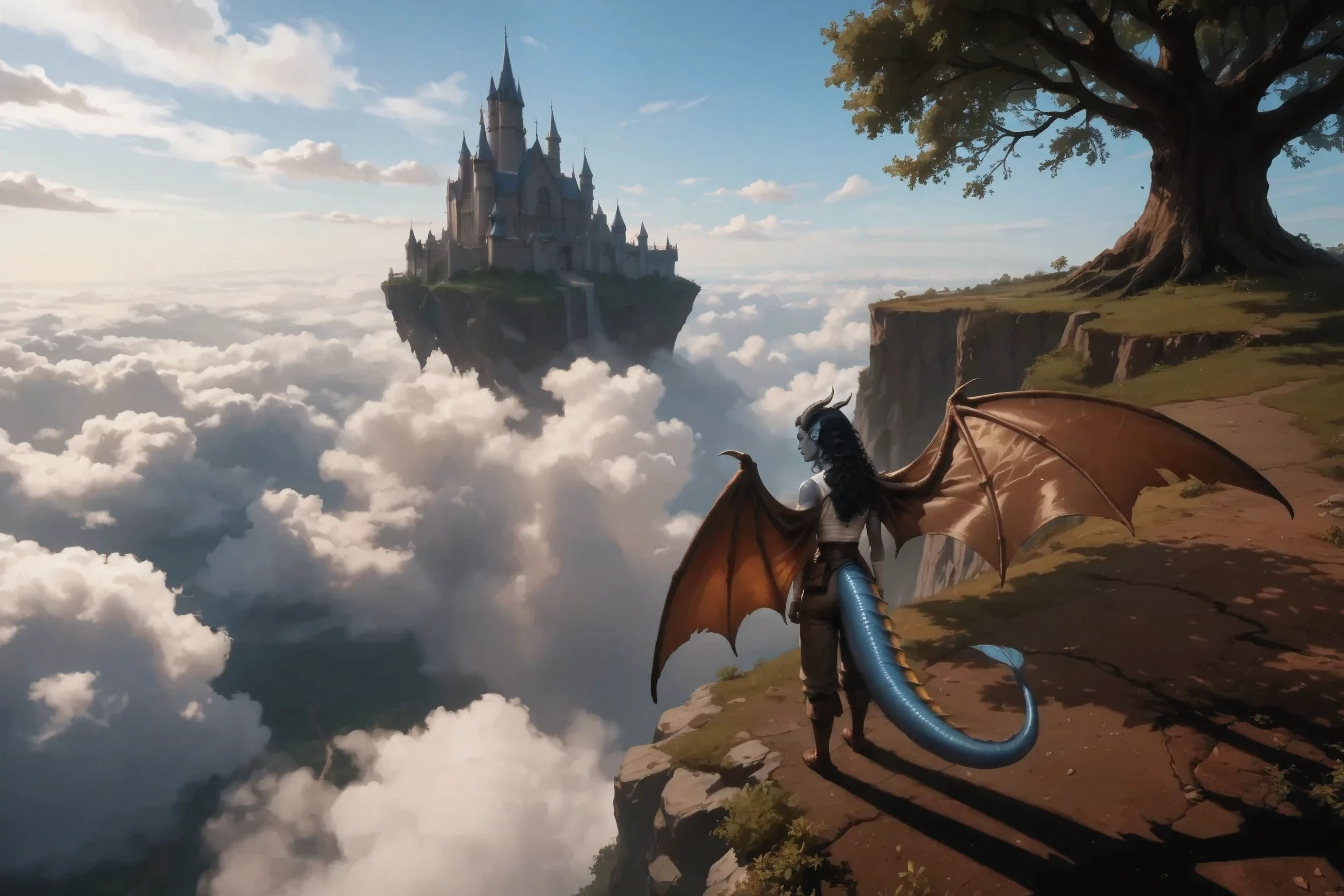 View from above a cliff above the clouds, you can see the sky below, Better quality, Ultra-detailed, Highest resolution 8K, Cinematic emotional static frame, 8K UHD, extremely detailed, physical visualization, masterpiece,
(In the foreground, a close-up shot is Kedra, dark blue-gray skin , brown leather medieval pants, fins on the head, horns, in profile , . Loose black hair develops in the wind or from motion, hand bandages, ( Best hands ). ( 5 fingers),
, on her back there are huge brown leather wings),
You can see a huge castle floating in the sky.
Multiple clouds can be seen below.
A large sprawling tree on the edge of the frame.
Brown rich dark land.
Light gives long shadows.
