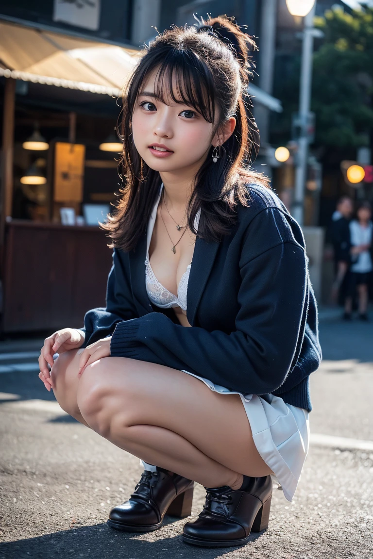 (8K、Raw photography、top-quality、​masterpiece:1.2、realisitic、Photorealsitic、highcontrast、photon maping、photon maping、Photorealsitic、ultra-detailliert、profetional lighting、low angles:1.2)、(1 girl in)、(独奏:1.5)、(full body Esbian)、(Height is 165 cm)、(18-year-old schoolgirl)、(Shinjuku at night Japan)、(Sidewalk lined with shops)、(Japan high school uniform and designated shoes)、(Dark blue blazer:1.2)、(short plaid skirt:1.5)、(White shirt for students)、 (neck tie:0.6)、(Looking at the front and squatting with the ?????? open)、(My uniform has come off to my shoulders, and my ????? is swaying、Exposed beige bra: 1.5)、(Skirt flipping)、(ＭCharacter opening leg)、(100 degree leg opening)、(?????? open:1.2)、(Light brown medium hair)、(See-through wet white panties:1.5)、(cammel toe)、(Black loafers:1.5)、(beauitful face:1.perfectly proportioned:1.2)、(Long feet:1.2)、(small ????:1.Anti can be seen from under the skirt:1.3)、(woman's pubic area is clearly visible:1.4)、(Have pubic hair:1.4)、(witheout panties:1.2)、(Textured skin)