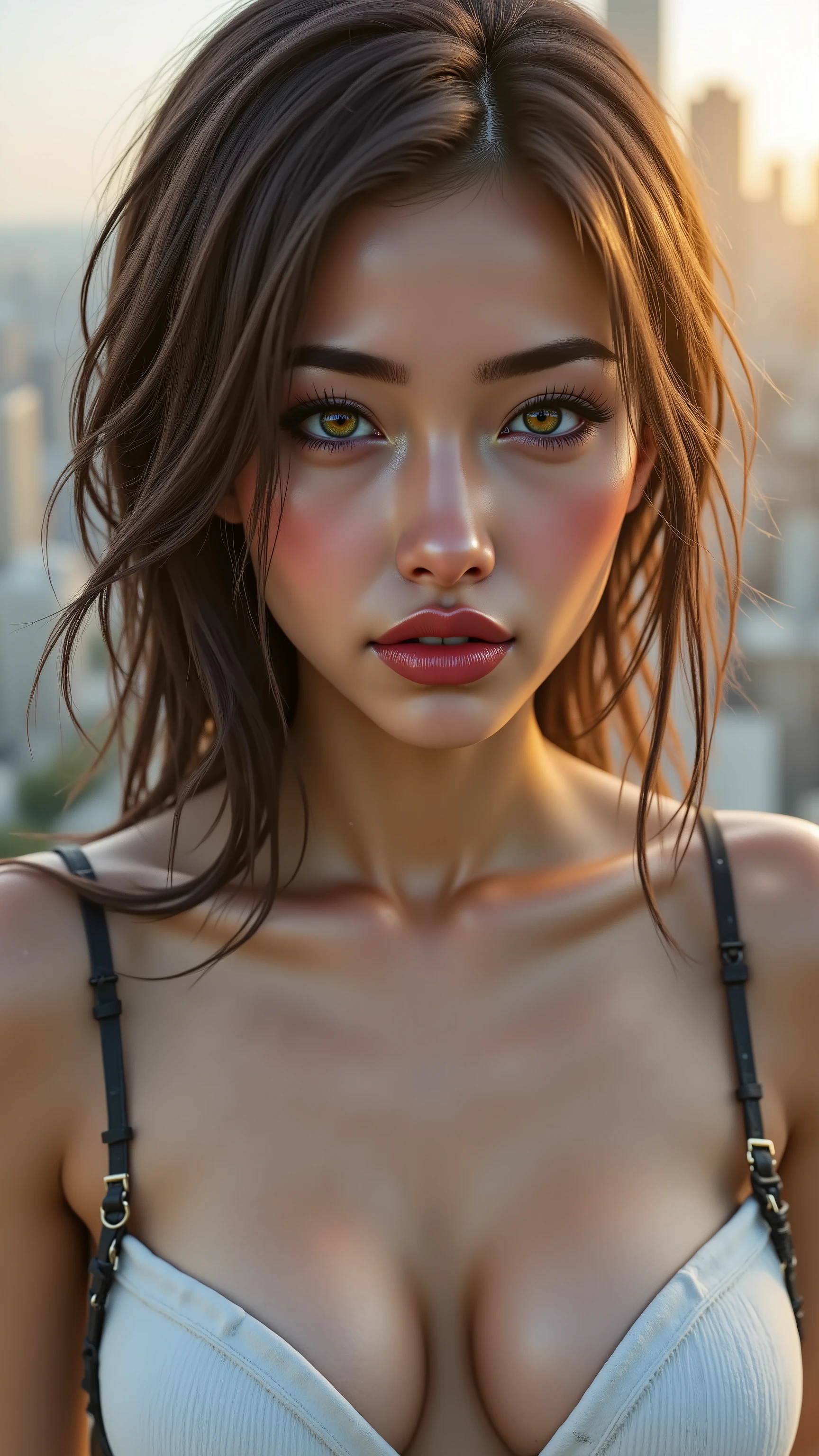 realistic (photorealistic Realism) , (Key Directive: - "The priority is the anatomical accuracy and texture of the materials" - "Ultra-sharp human eyes with biological accuracy") (ultra realistic texture details: velvety skin, hair), (dark hair (short hair:1.21)((slicked to one side)), intricately detailed:1.3), long Lashes: individual synthetic fibers (crosshatched roots:1 . 2 , clump-free separation), (Carefully draw Long mascara:1.22) [perfect dark eyeshadow:1.2][glossy red lipstick:1.3], professional Magic Makeup on eyes:1.3, perfect composition. Eyes (acid-resistant terminology) (macro-details:1.5): * Moist corneal surface (visible aqueous layer:1.2) * Hyper-detailed iris eyes (green with orange sparkles) * Precise limbal ring (slightly darker pigmentation:1.3) * Pupil micro-texture (irregular edge authenticity:0.9) * Vasculature in sclera (subtle blue veins radiating from limbus)., (ultra realistic texture details: velvety skin, hair), ((dark hair (slicked to one side:1.25), extremely detailed:1.35)), A dress a beautiful girl with a perfect figure in something nice, made of available materials [wearing  (latex tube top corset (extra smooth, shiny latex, tightly laced at the waist, body-hugging), extremely detailed:1.25)] , [white mini skirt, pleated latex], [fishnet stockings]. generate hands anatomically correct.  wide hips, [2/5 side shot], a  big cyberpunk city in the background}.  extremely detailed , sharp , clear , photorealistic image with sunrise lighting without shadows , dslr , sharp image , sharpness and clarity in global illumination , captured by Fujifilm XT3 , f 5 . 6 , (perfect composition) , HDR , UHD , physically-based rendering , ((vivid colorful)) 