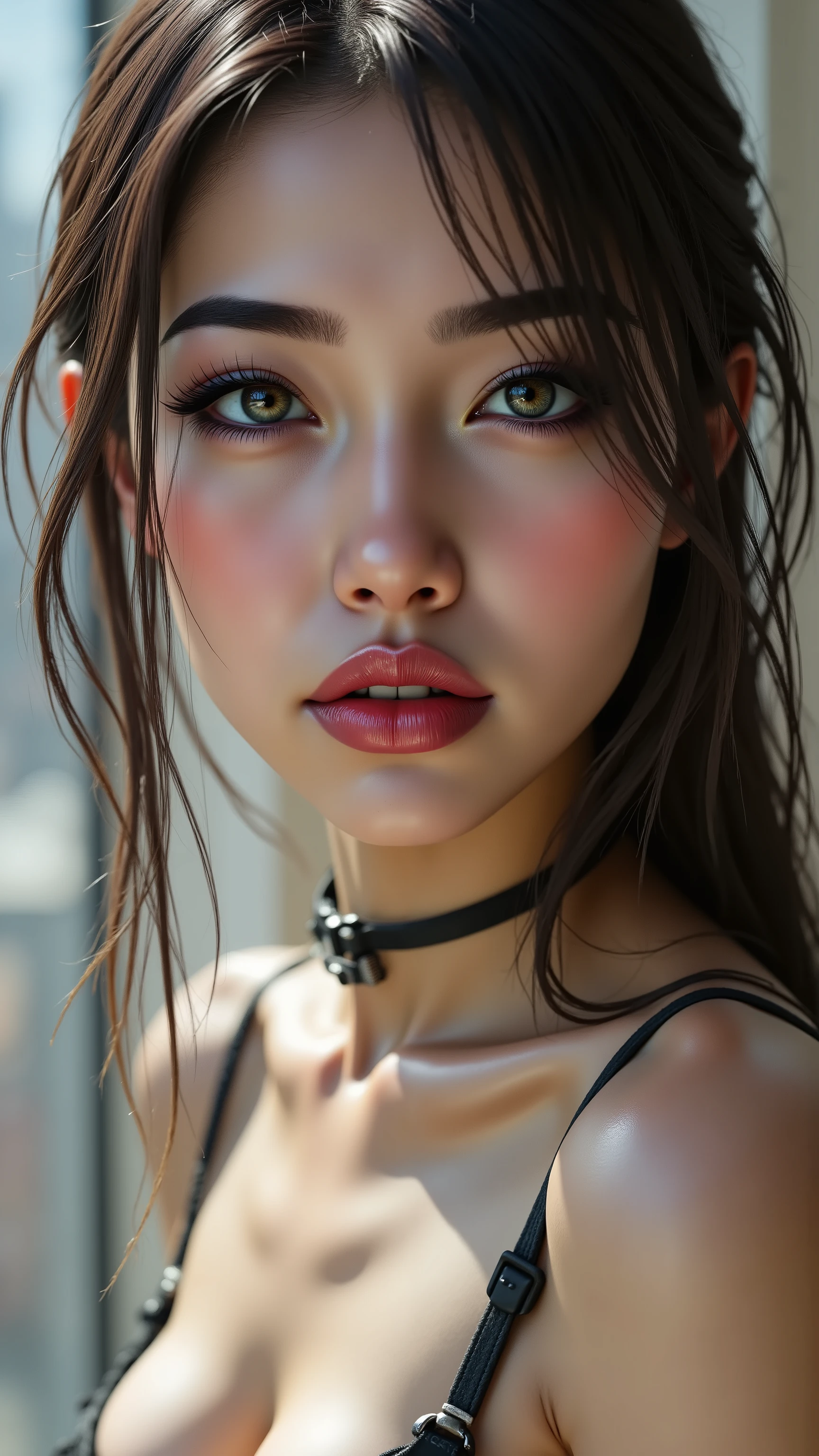 realistic (photorealistic Realism) , (Key Directive: - "The priority is the anatomical accuracy and texture of the materials" - "Ultra-sharp human eyes with biological accuracy") (ultra realistic texture details: velvety skin, hair), (dark hair (short hair:1.21)((slicked to one side)), intricately detailed:1.3), long Lashes: individual synthetic fibers (crosshatched roots:1 . 2 , clump-free separation), (Carefully draw Long mascara:1.22) [perfect dark eyeshadow:1.2][glossy red lipstick:1.3], professional Magic Makeup on eyes:1.3, perfect composition. Eyes (acid-resistant terminology) (macro-details:1.5): * Moist corneal surface (visible aqueous layer:1.2) * Hyper-detailed iris eyes (green with orange sparkles) * Precise limbal ring (slightly darker pigmentation:1.3) * Pupil micro-texture (irregular edge authenticity:0.9) * Vasculature in sclera (subtle blue veins radiating from limbus)., (ultra realistic texture details: velvety skin, hair), ((dark hair (slicked to one side:1.25), extremely detailed:1.35)), A dress a beautiful girl with a perfect figure in something nice, made of available materials [wearing  (latex tube top corset (extra smooth, shiny latex, tightly laced at the waist, body-hugging), extremely detailed:1.25)] , [white mini skirt, pleated latex], [fishnet stockings]. generate hands anatomically correct.  wide hips, [2/5 side shot], a  big cyberpunk city in the background}.  extremely detailed , sharp , clear , photorealistic image with sunrise lighting without shadows , dslr , sharp image , sharpness and clarity in global illumination , captured by Fujifilm XT3 , f 5 . 6 , (perfect composition) , HDR , UHD , physically-based rendering , ((vivid colorful)) 