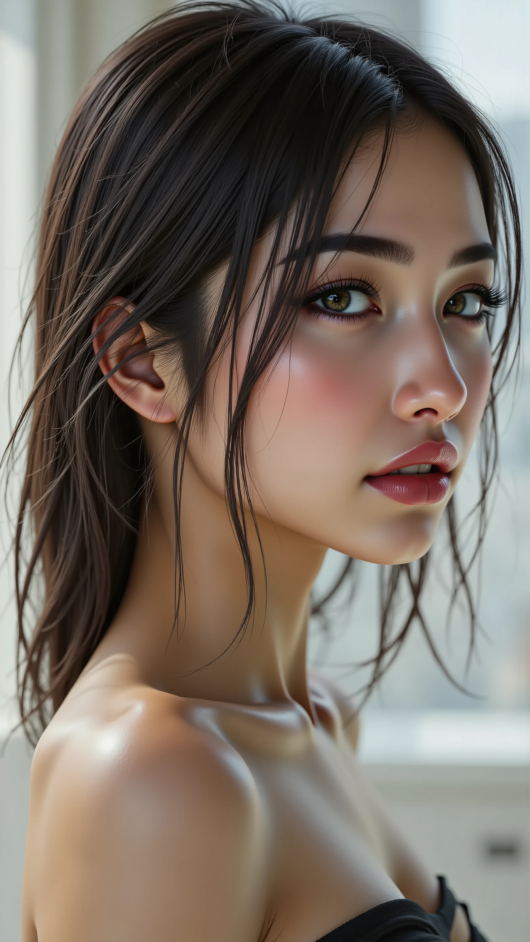 realistic (photorealistic Realism) , (Key Directive: - "The priority is the anatomical accuracy and texture of the materials" - "Ultra-sharp human eyes with biological accuracy") (ultra realistic texture details: velvety skin, hair), (dark hair (short hair:1.21)((slicked to one side)), intricately detailed:1.3), long Lashes: individual synthetic fibers (crosshatched roots:1 . 2 , clump-free separation), (Carefully draw Long mascara:1.22) [perfect dark eyeshadow:1.2][glossy red lipstick:1.3], professional Magic Makeup on eyes:1.3, perfect composition. Eyes (acid-resistant terminology) (macro-details:1.5): * Moist corneal surface (visible aqueous layer:1.2) * Hyper-detailed iris eyes (green with orange sparkles) * Precise limbal ring (slightly darker pigmentation:1.3) * Pupil micro-texture (irregular edge authenticity:0.9) * Vasculature in sclera (subtle blue veins radiating from limbus)., (ultra realistic texture details: velvety skin, hair), ((dark hair (slicked to one side:1.25), extremely detailed:1.35)), A dress a beautiful girl with a perfect figure in something nice, made of available materials [wearing  (latex tube top corset (extra smooth, shiny latex, tightly laced at the waist, body-hugging), extremely detailed:1.25)] , [white mini skirt, pleated latex], [fishnet stockings]. generate hands anatomically correct.  wide hips, [2/5 side shot], a  big cyberpunk city in the background}.  extremely detailed , sharp , clear , photorealistic image with sunrise lighting without shadows , dslr , sharp image , sharpness and clarity in global illumination , captured by Fujifilm XT3 , f 5 . 6 , (perfect composition) , HDR , UHD , physically-based rendering , ((vivid colorful)) 