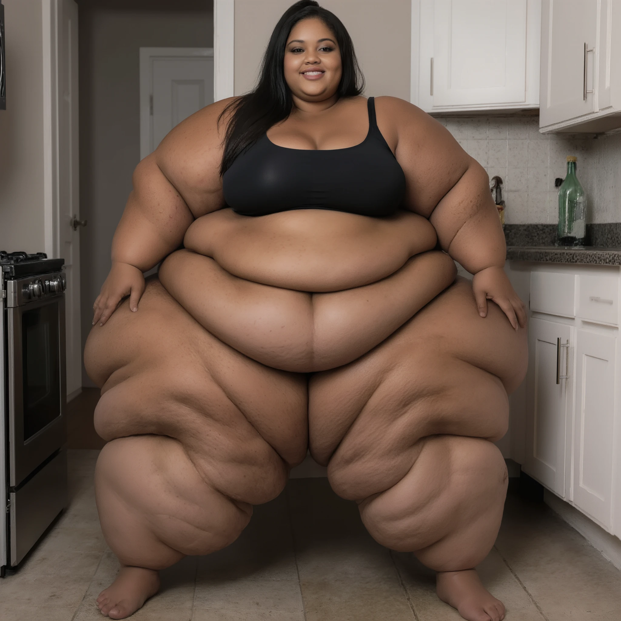 A highly detailed photorealistic photo of the most extremely fat, astronomically oversized black woman imaginable. She is standing in her kitchen in a full body shot. She is an ultra-morbidly obese, hyper giga mega SSBBW weighing over 2000 pounds, with endless overlapping fat rolls everywhere, a titanic apron belly sagging to the floor, enormous hips spilling and monolithic thighs. Her body is smothered in dense, quivering fat with deep folds and dimples. She is wearing a tiny black micro bikini which barely contain her gigantic sagging breasts. Her ass is an epic mass. She has colossal pendulous arms, multiple thick chins, bloated hands and feet. Her face is beautiful yet profoundly fat, with plump lips, pudgy cheeks, and youthful african american features, rich brown skin, black hair in high ponytail, seductive smile at viewer. Ultra-photorealistic 8K, hyper-detailed skin with pores, cellulite, stretch marks, sweat; global illumination, shadows emphasizing fat depths, high dynamic range