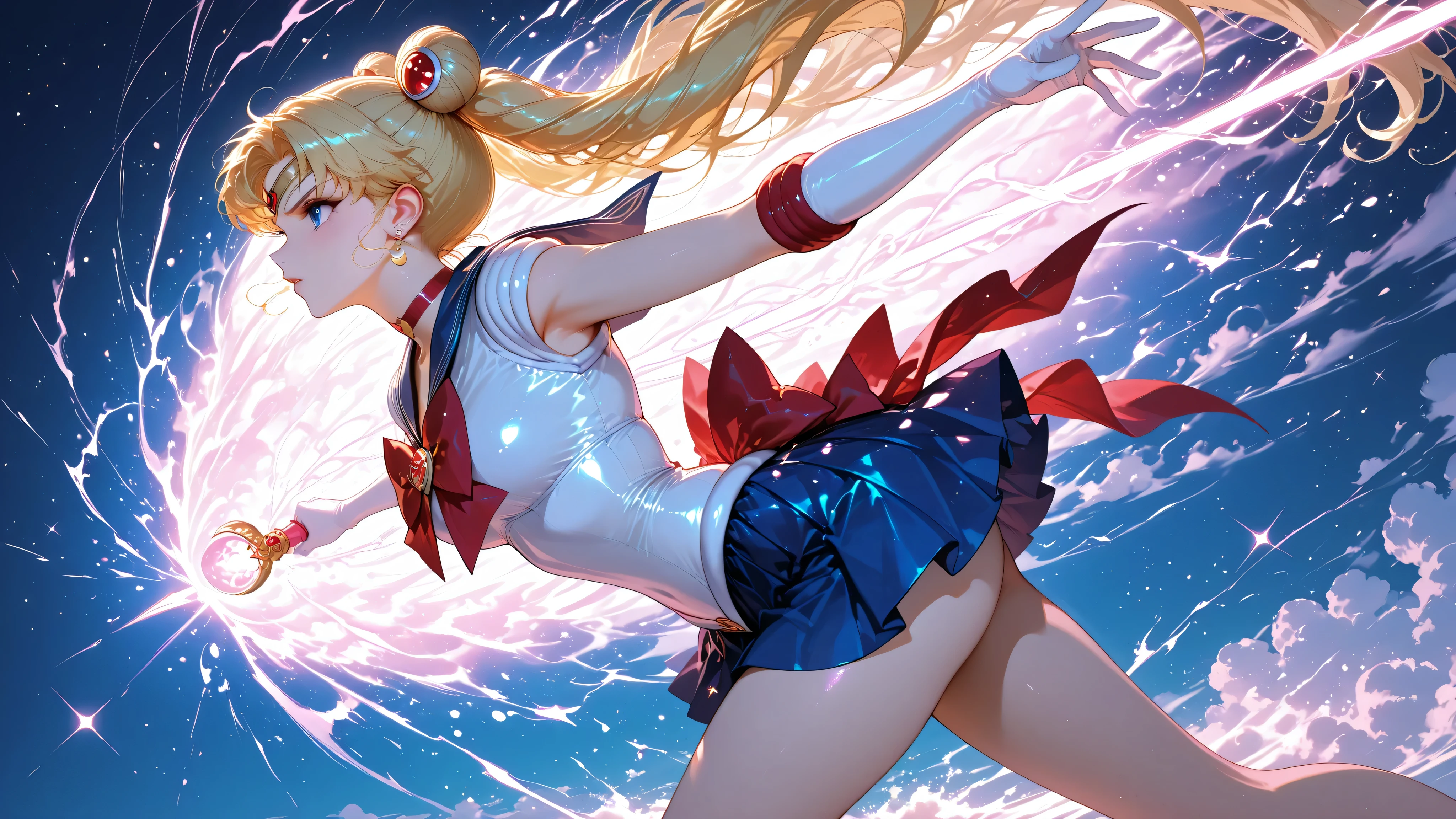 Sailor moon, dynamic pose, glow, shine, three quarter shot, side view, action, whimsical, dreamy